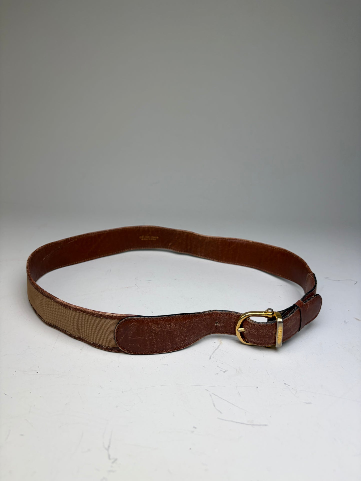 Vintage Celine Leather Belt Gold Buckle Brown Beige