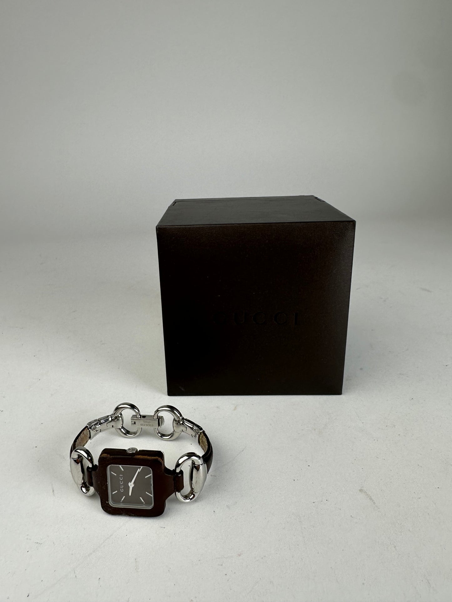Vintage Gucci Horsebit Leather Steel Watch Black Silver