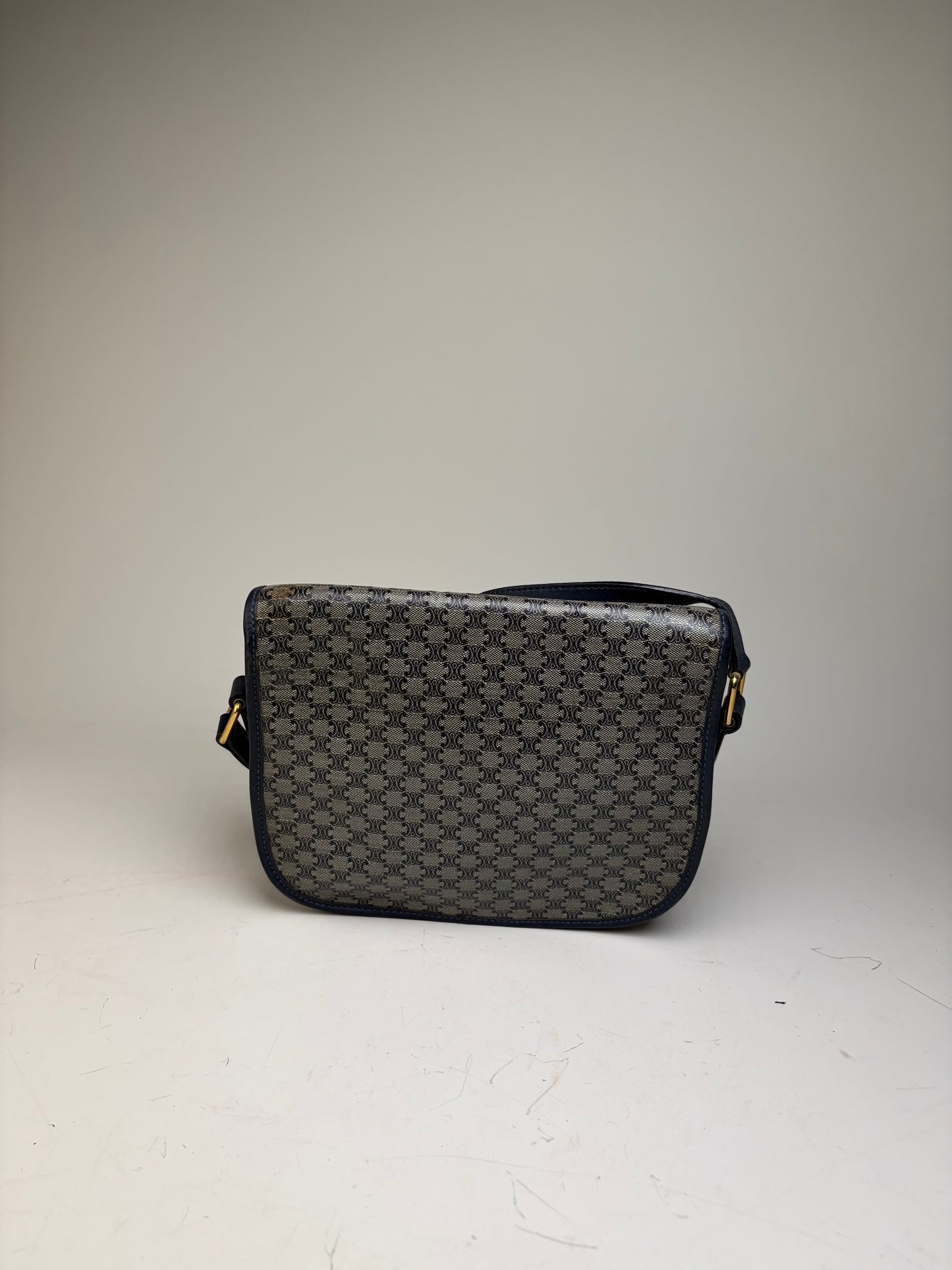 Vintage Celine C Monogram Canvas Shoulder Bag Navy Beige