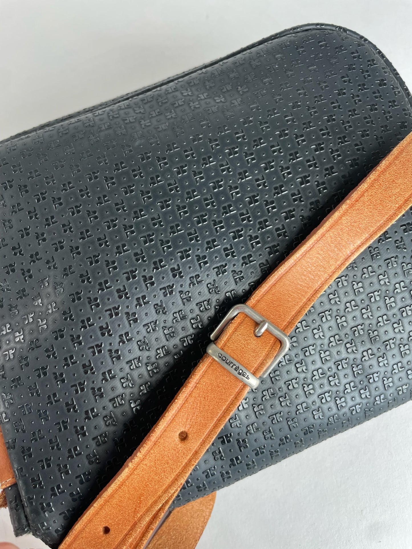Vintage Courreges Leather Monogram Shoulder Bag Black Brown