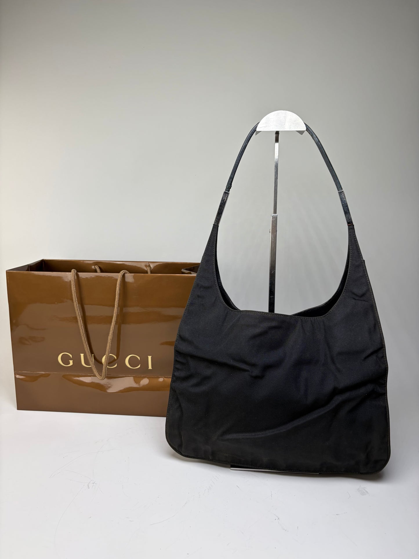 Vintage Gucci Nylon Shoulder Bag Black Silver