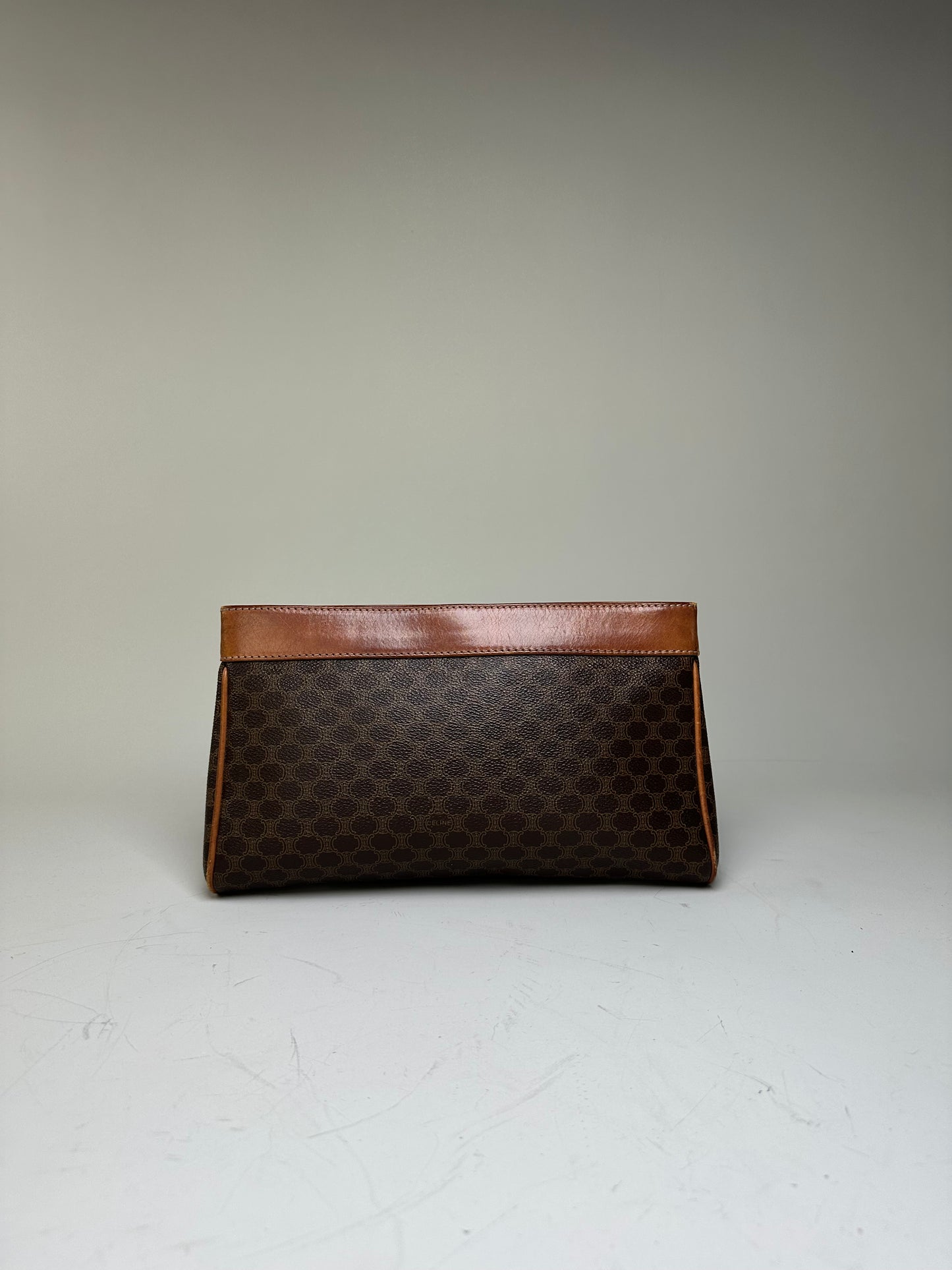 Vintage Celine Coated Canvas Clutch Bag Brown Tan Gold