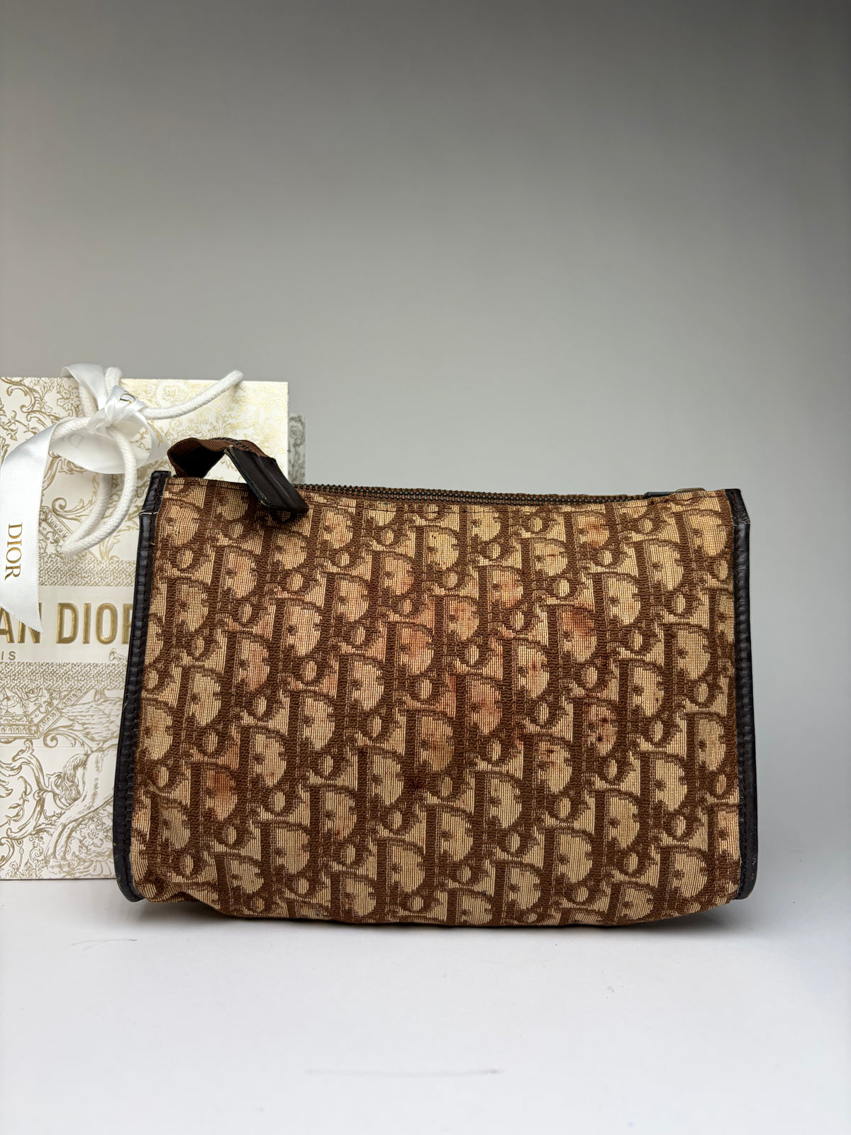 Vintage Dior Oblique Jacquard Flat Pouch Late 1970s Brown Beige
