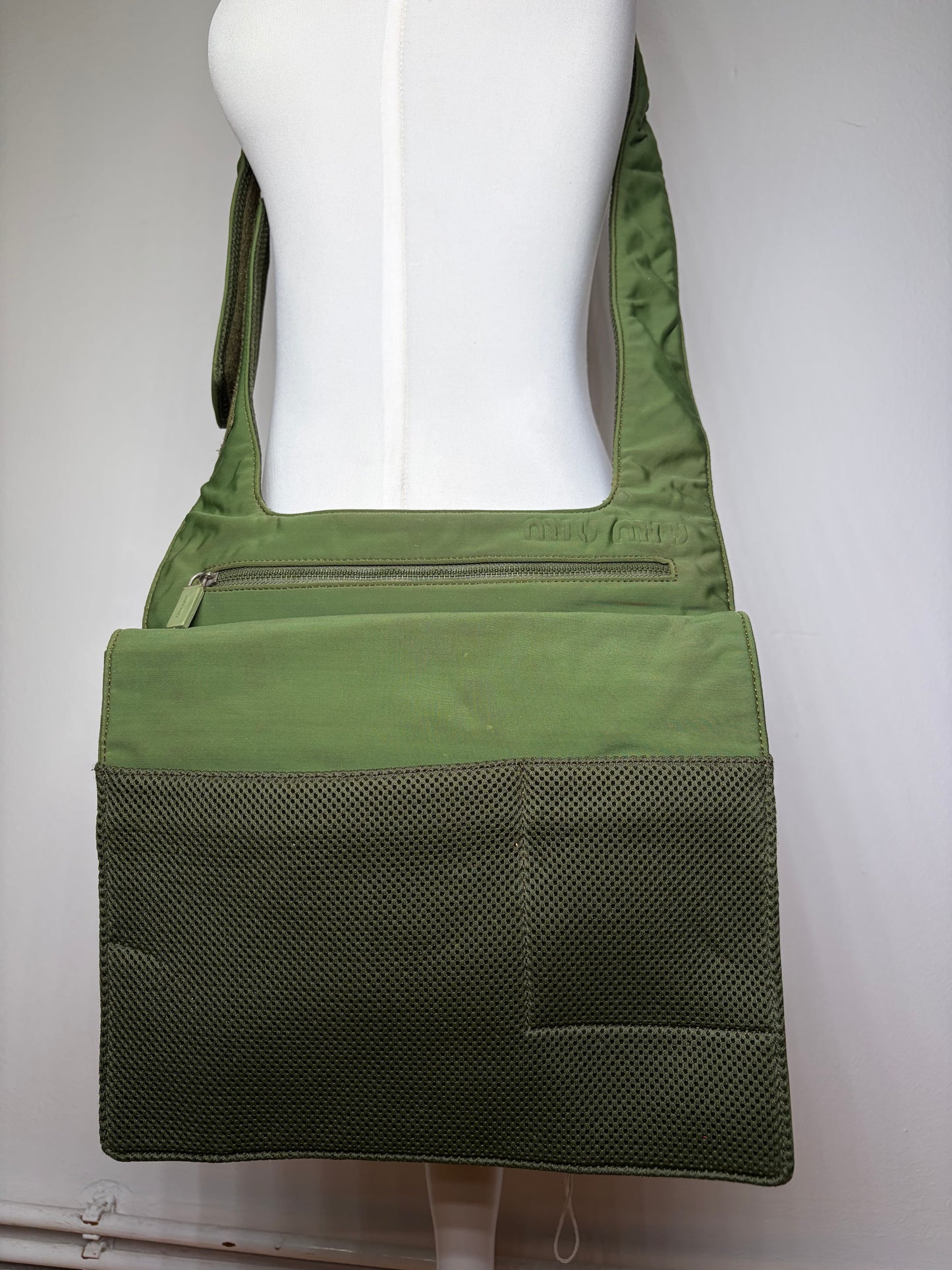 Vintage Miu Miu Mesh Nylon Shoulder Bag Olive Green Silver
