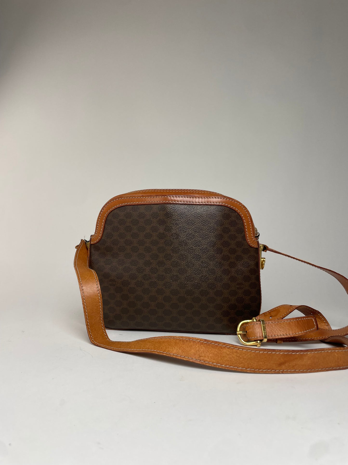 Vintage Celine Paris Triomphe Monogram Leather Shoulder Bag brown