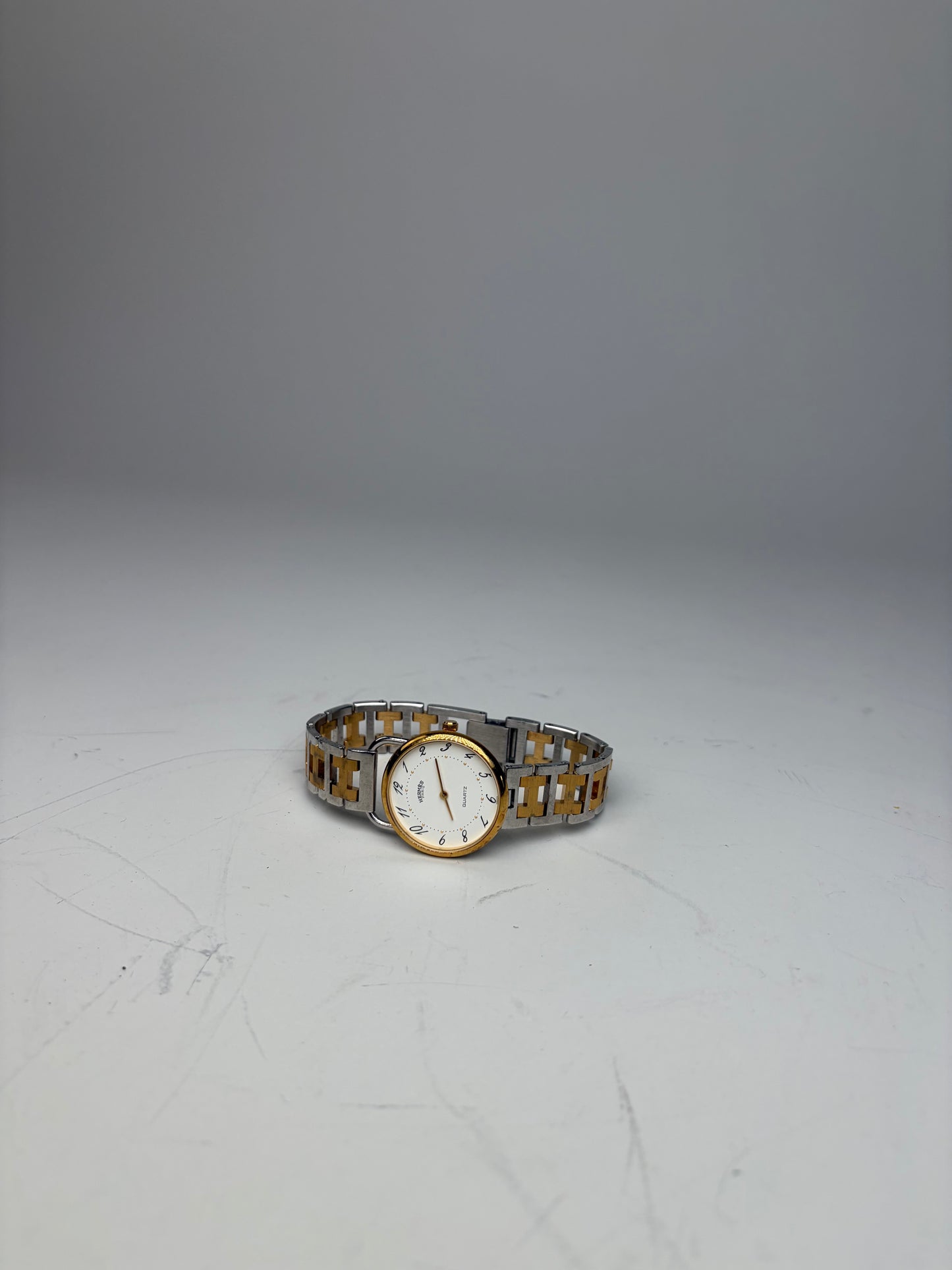 Vintage Hermes Stainless Steel Gold Buckle Watch Silver Gold