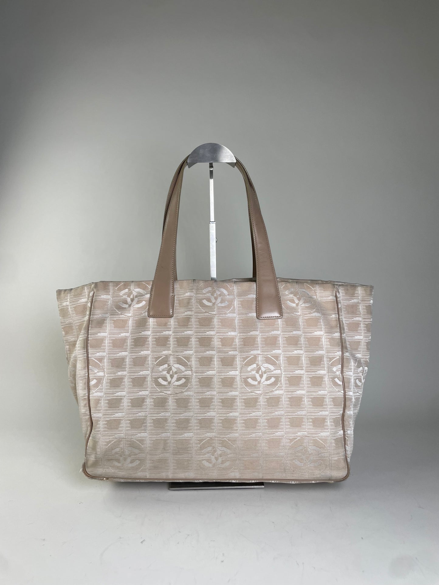 Vintage Chanel Canvas Tote Bag Cream Beige Gold-Tone c. 2000