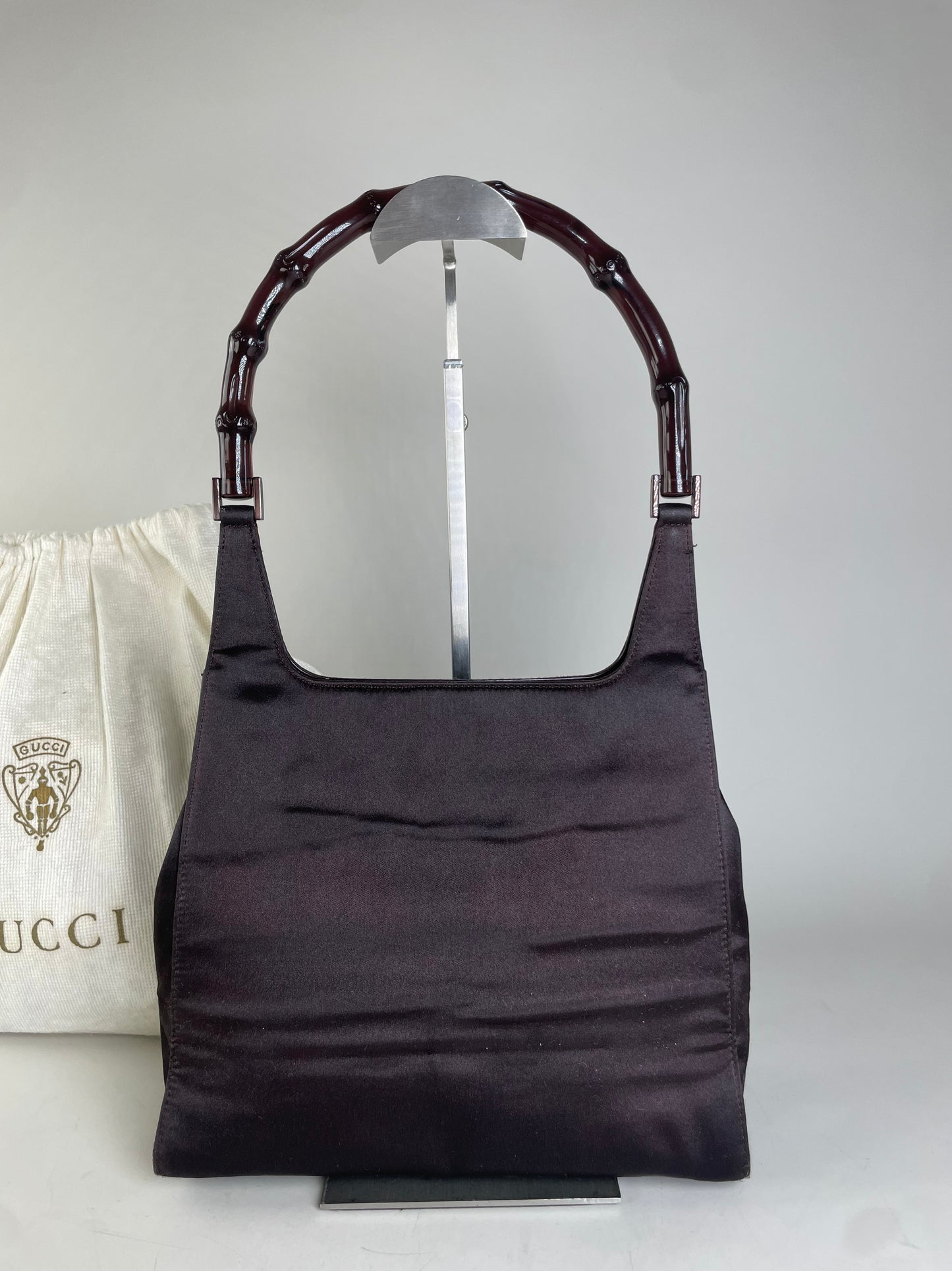 Vintage Gucci Satin Bamboo Handle Shoulder Bag Black Gold