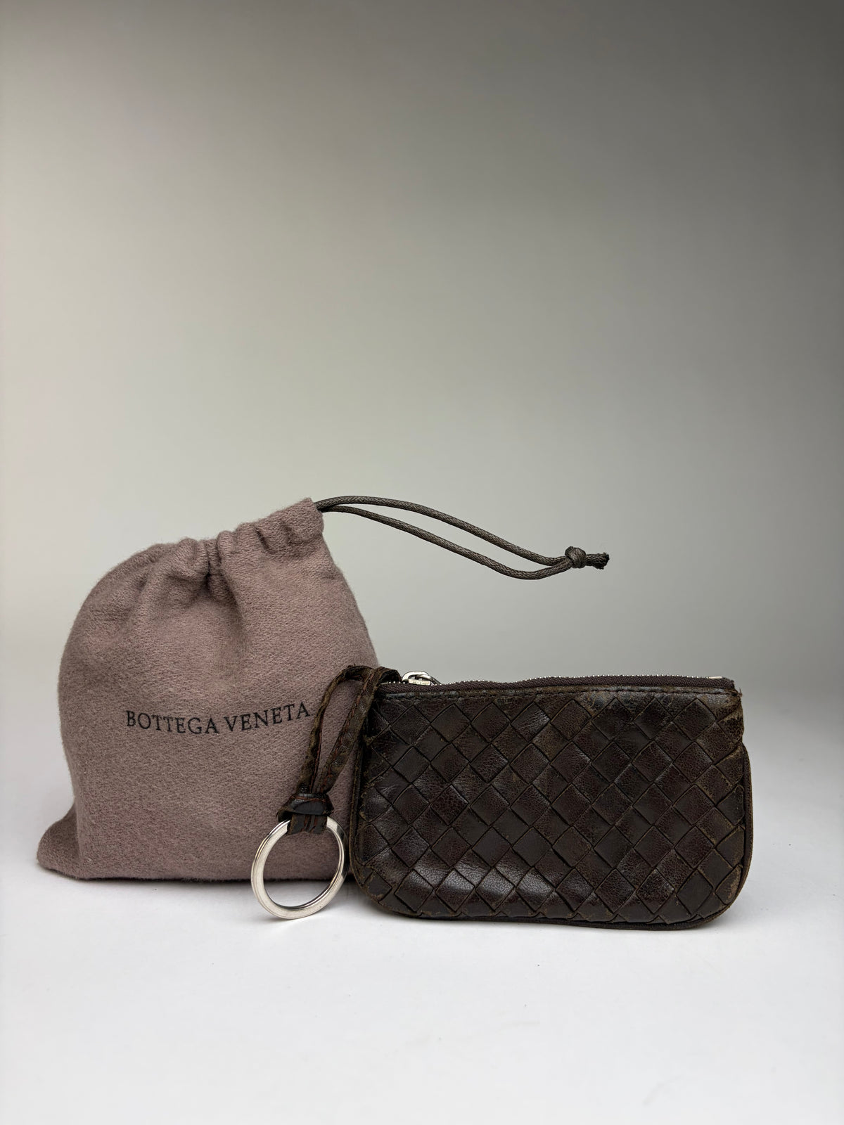 Vintage Bottega Veneta Intrecciato Woven Zip Card Holder Early 2000s Dark Brown