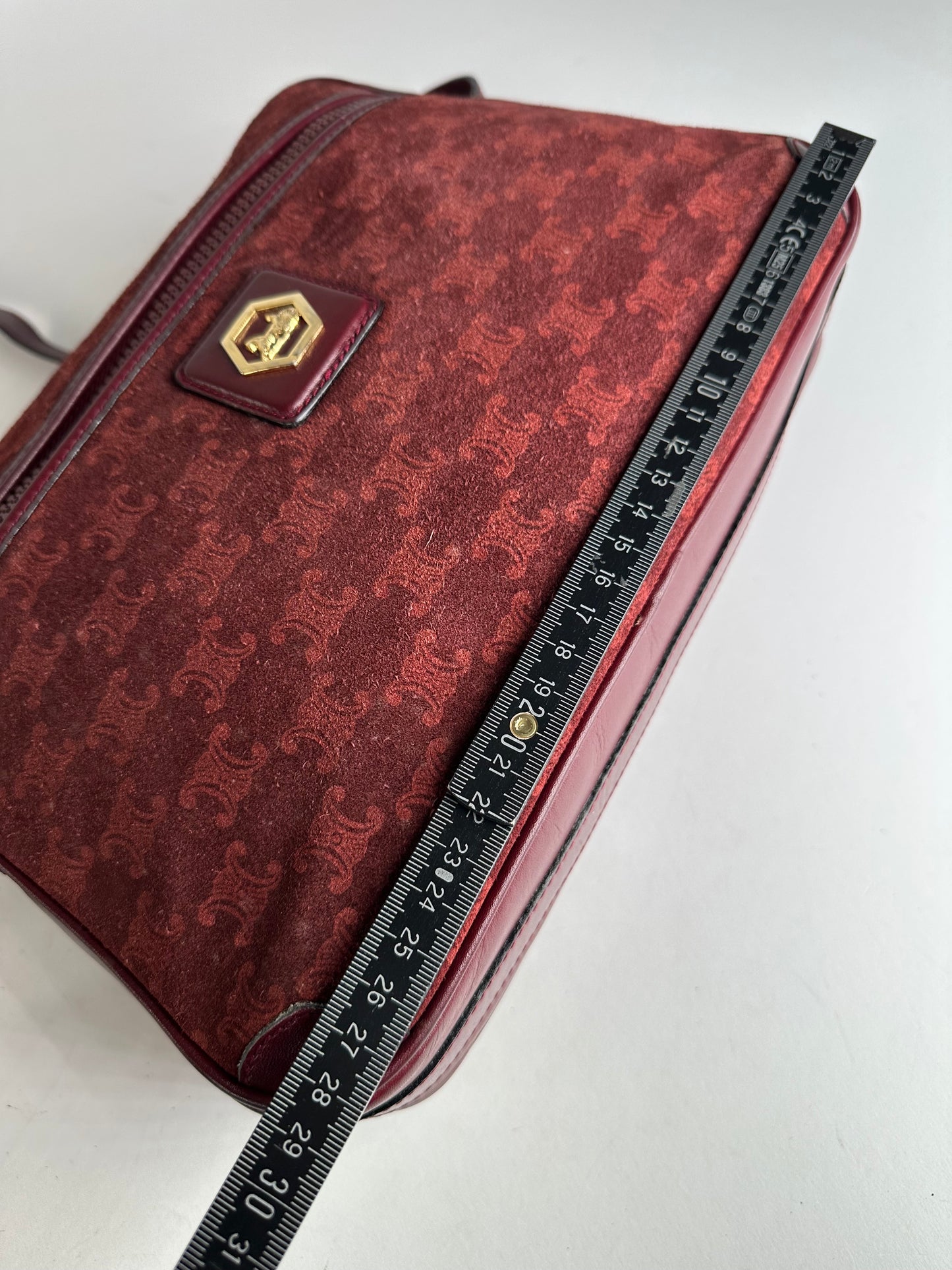 Vintage Celine Paris Triomphe Monogram 70s Suede Shoulder Bag Burgundy