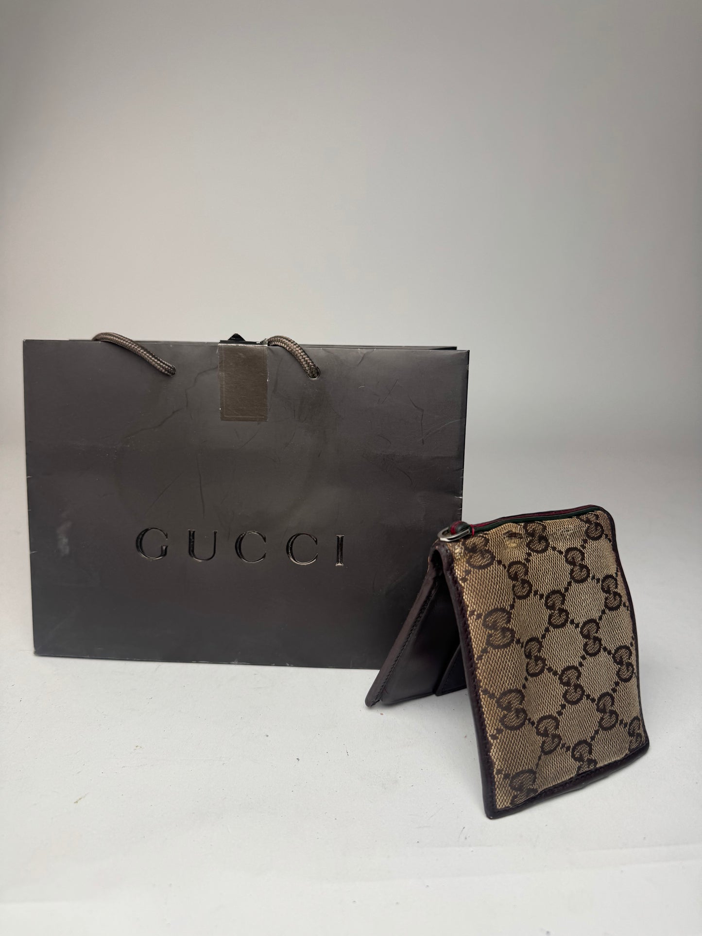 Vintage Gucci Monogram Flapable Leather Wallet beige brown