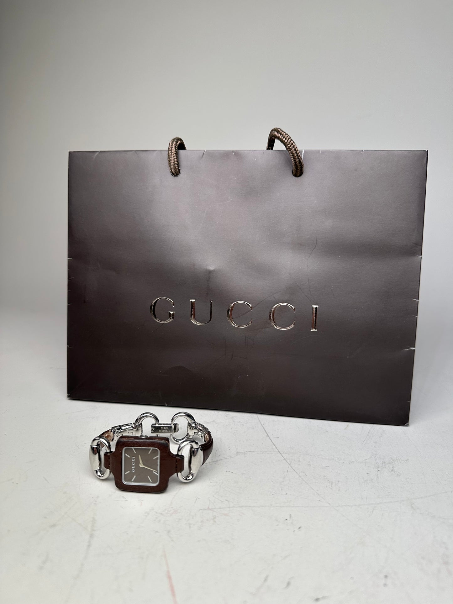 Vintage Gucci Stainless Steel Leather Bracelet Watch Brown Silver