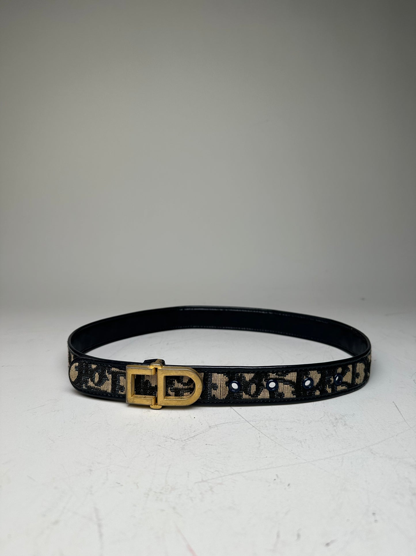 Vintage Dior Oblique Canvas Logo Belt Black Beige Gold