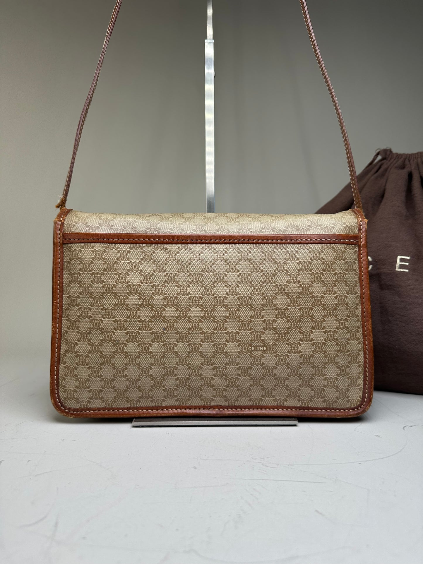 Vintage Celine Monogram Canvas Shoulder Bag Beige Brown