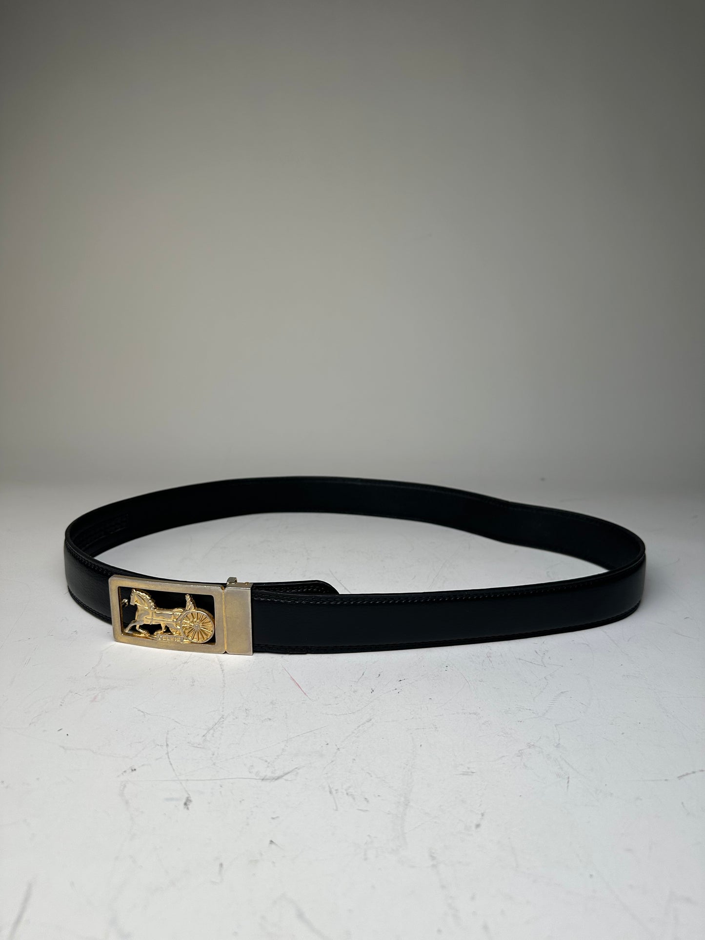 Vintage Celine Leather Belt Black Gold Horse Carriage Buckle