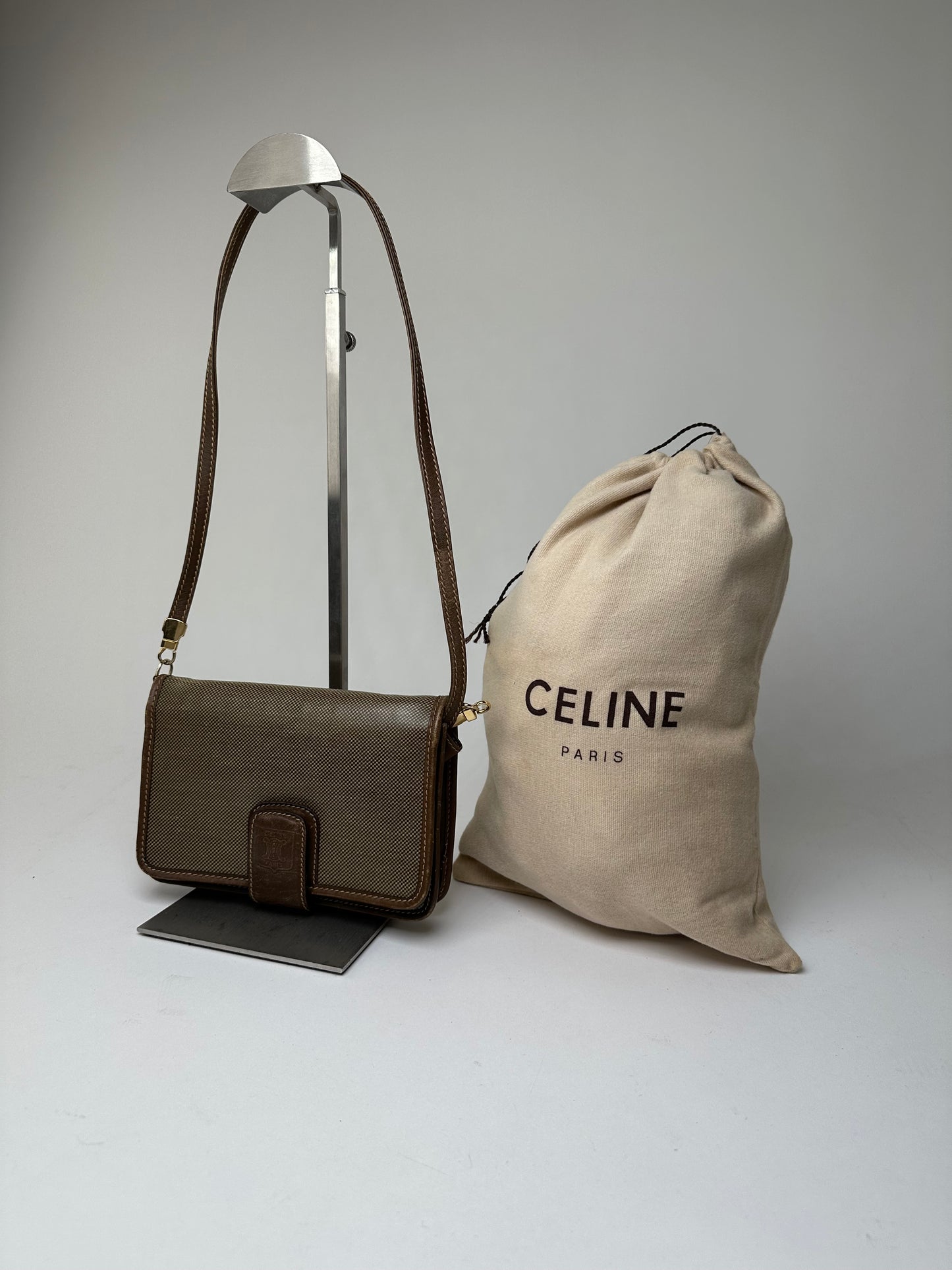 Vintage Celine Coated Canvas Crossbody Flap Bag Brown