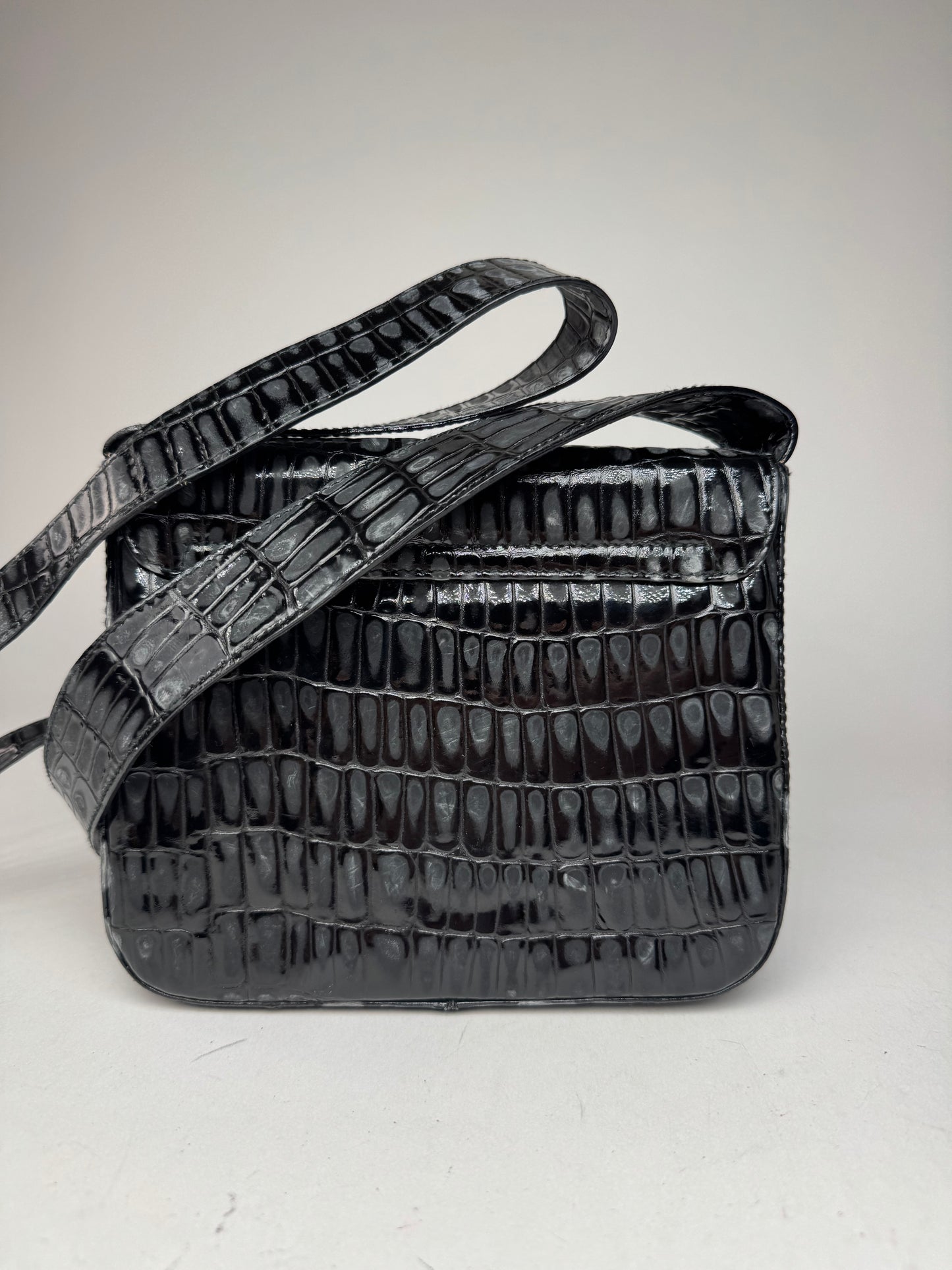 Vintage Salvatore Ferragamo Patent Leather Crocodile Emblossed Bag Black