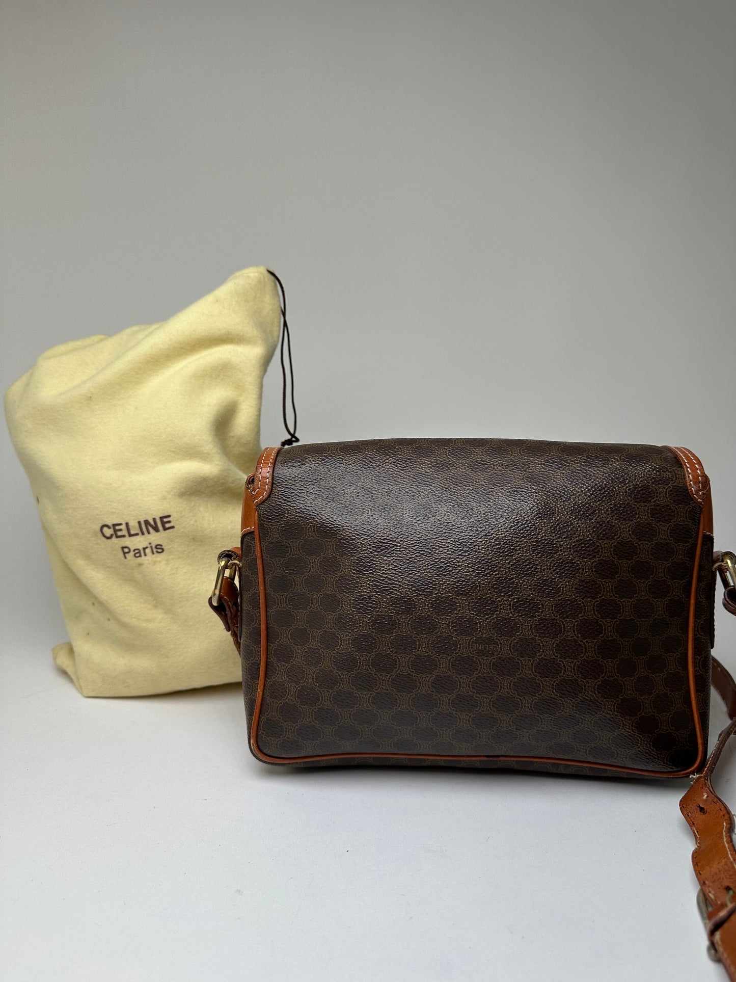 Vintage Celine Macadam Canvas Crossbody Shoulder Bag Dark Brown