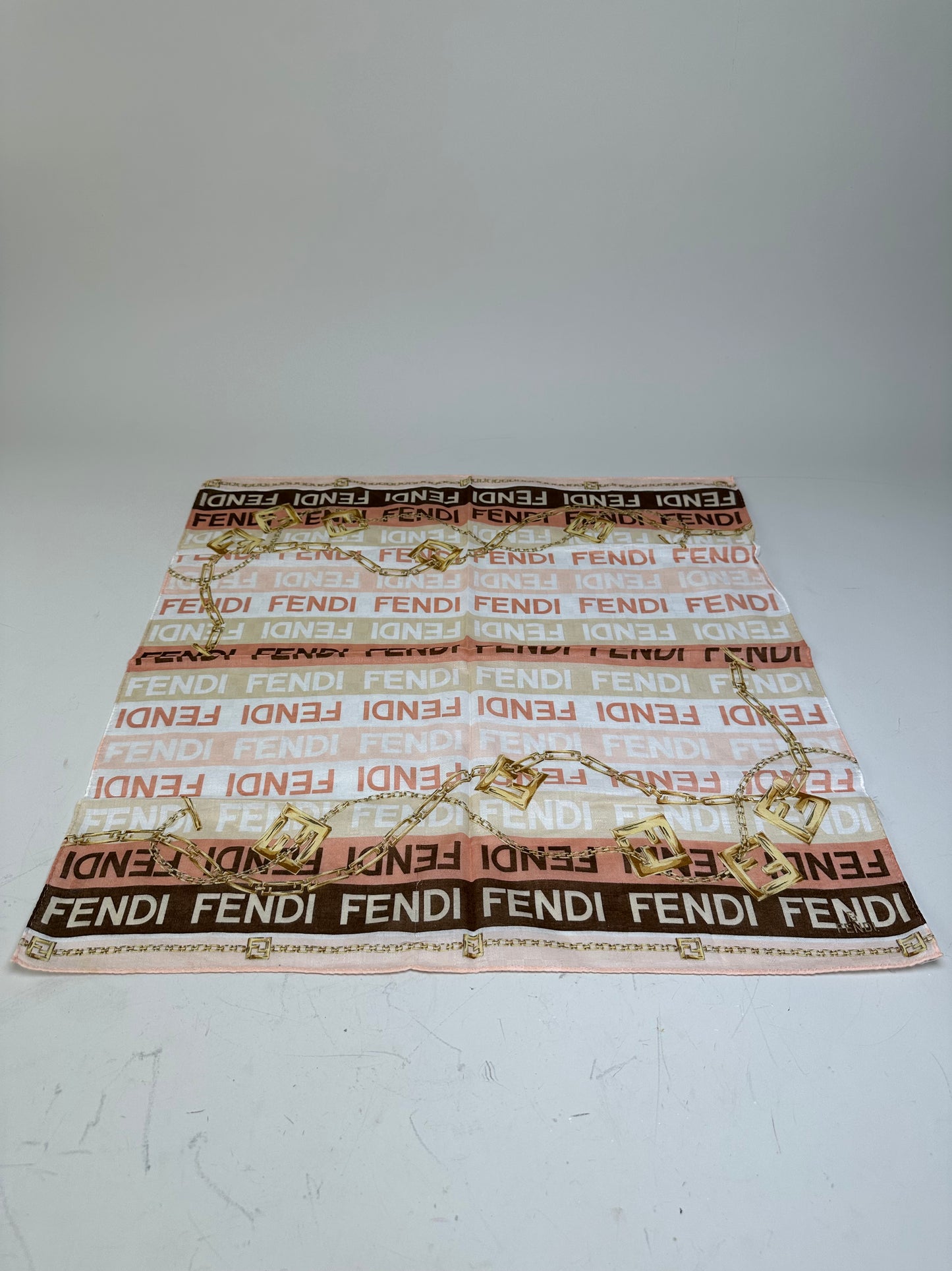 Vintage Fendi Silk Blend Scarf Pink Cream Brown Gold Chain