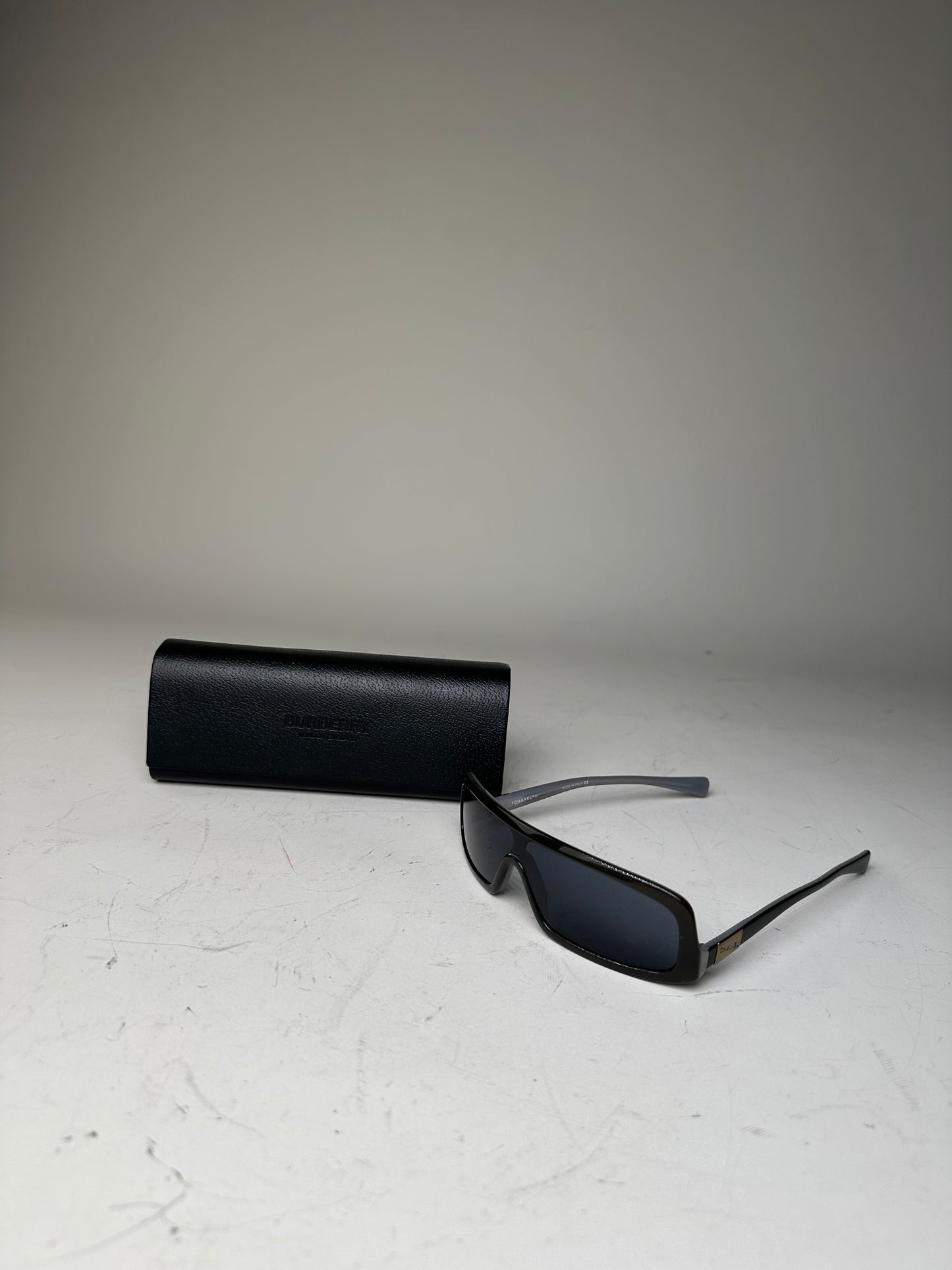 Vintage Chanel Logo Temple Sunglasses Black Silver