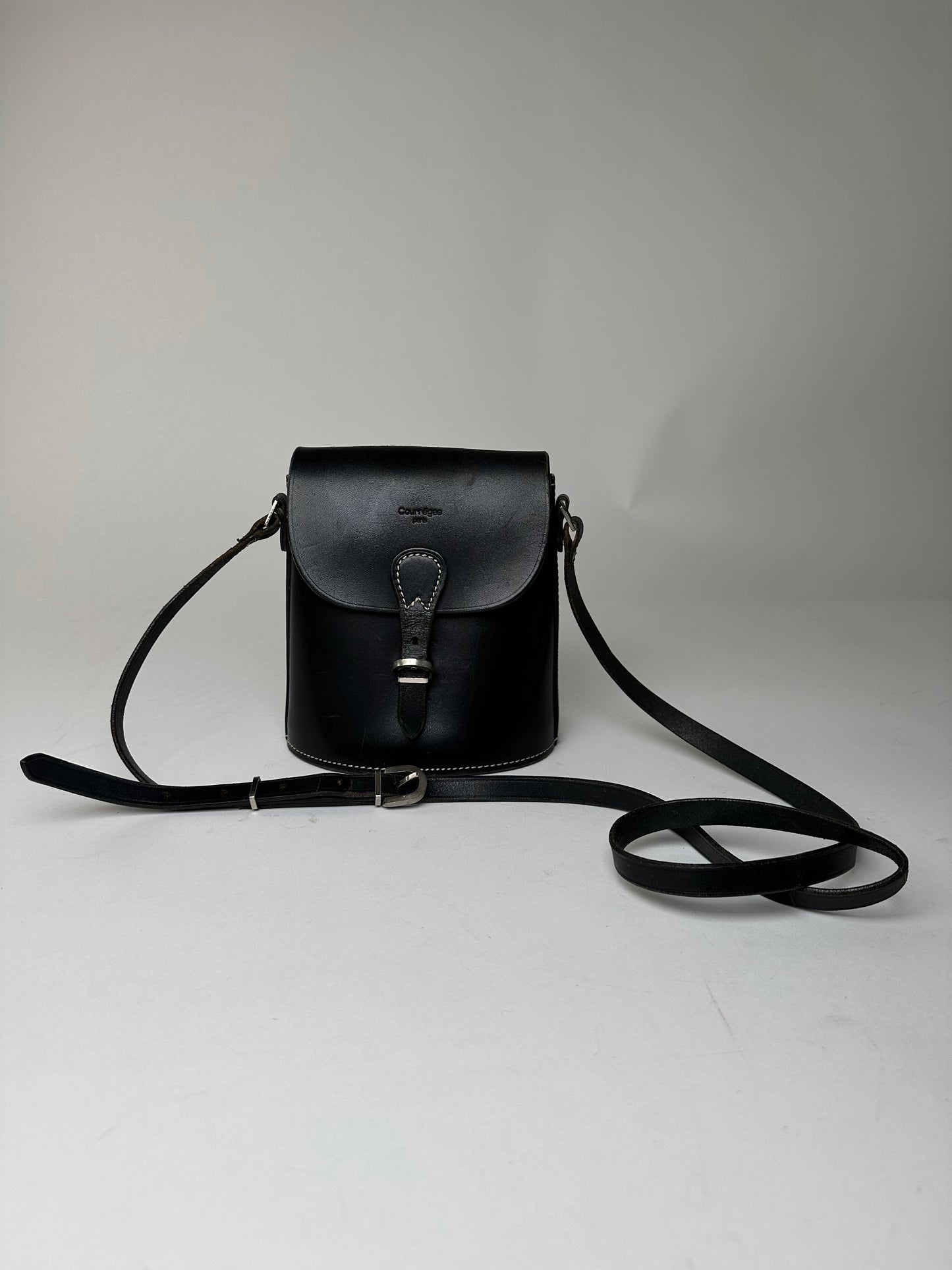 Vintage Courreges Paris Leather Crossbody Flap Bag Black