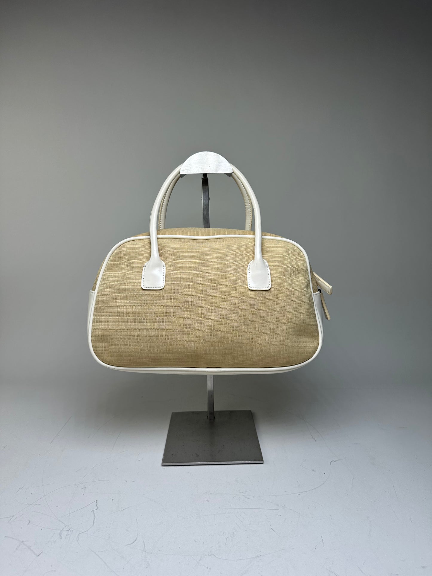 Vintage Courreges Canvas Leather Trim Handbag Beige White