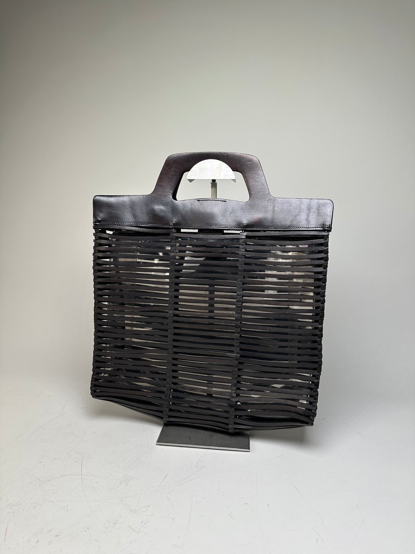 Vintage Ferragamo Woven Plastic Leather Tote Black Silver