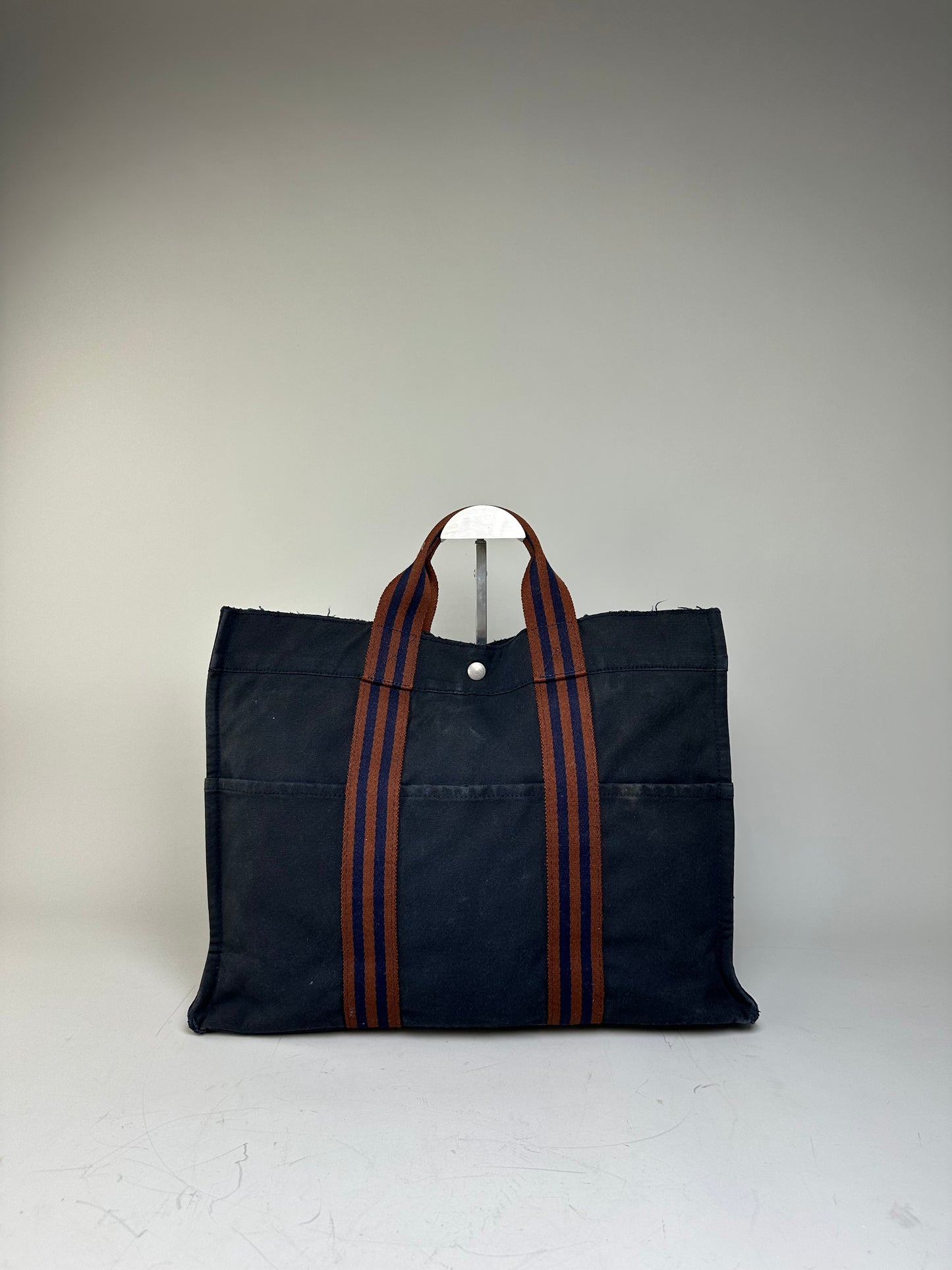 Vintage Hermes Canvas Tote Navy Brown Stripe
