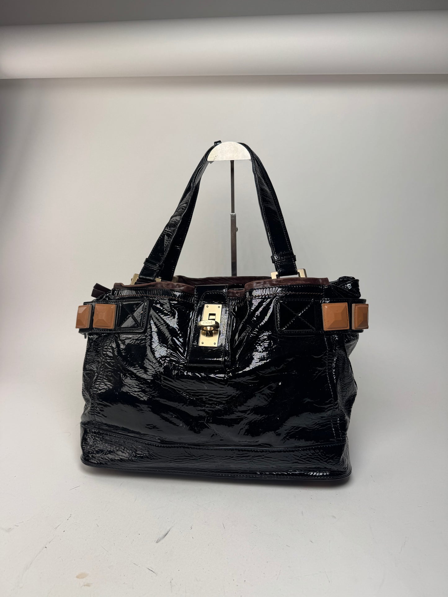 Vintage Chloe Patent Leather Paddington Tote Bag black
