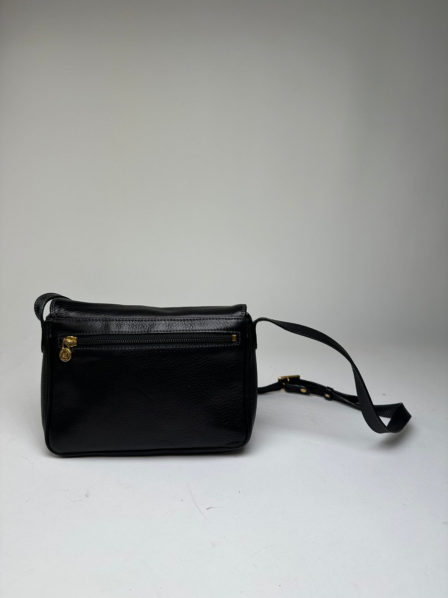 Vintage Courreges Paris Pebbled Leather Crossbody Flap Bag Black