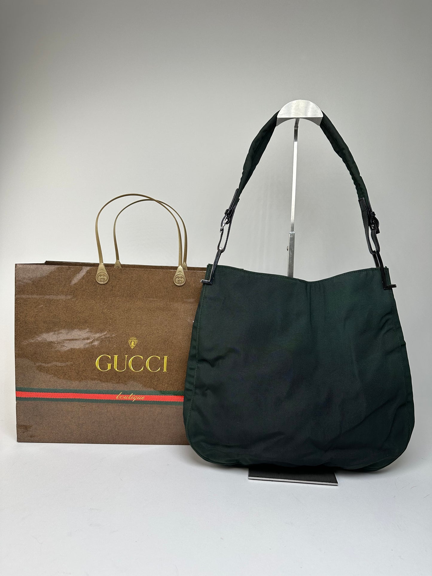Vintage Gucci Nylon Leather Trim Hobo Shoulder Bag Green