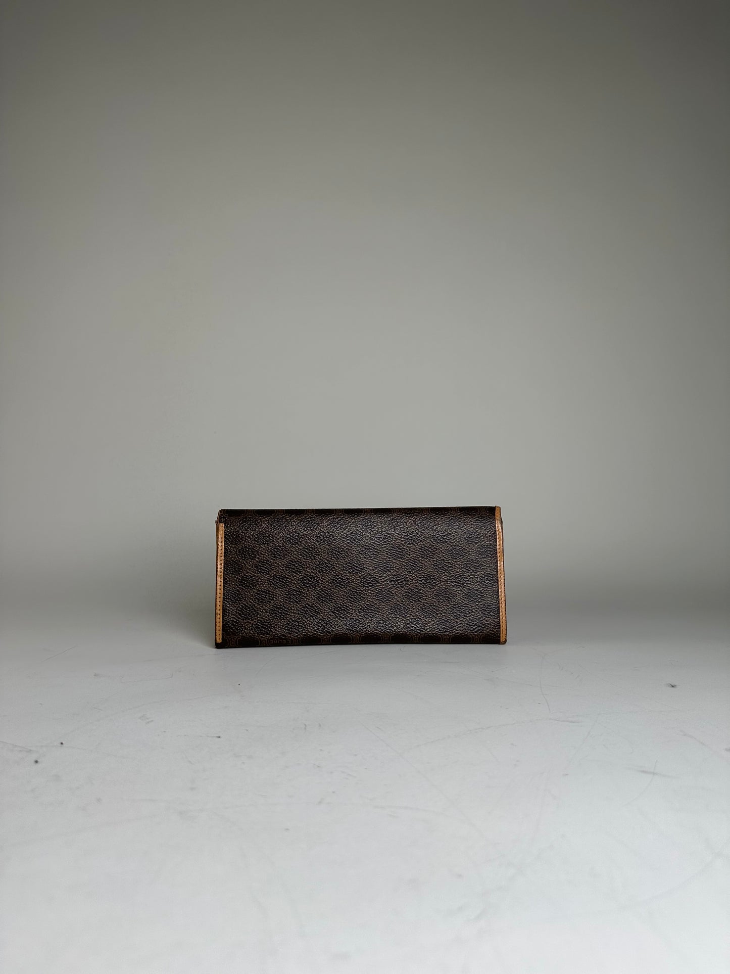 Vintage Celine Coated Canvas Long Wallet Dark Brown Tan Gold