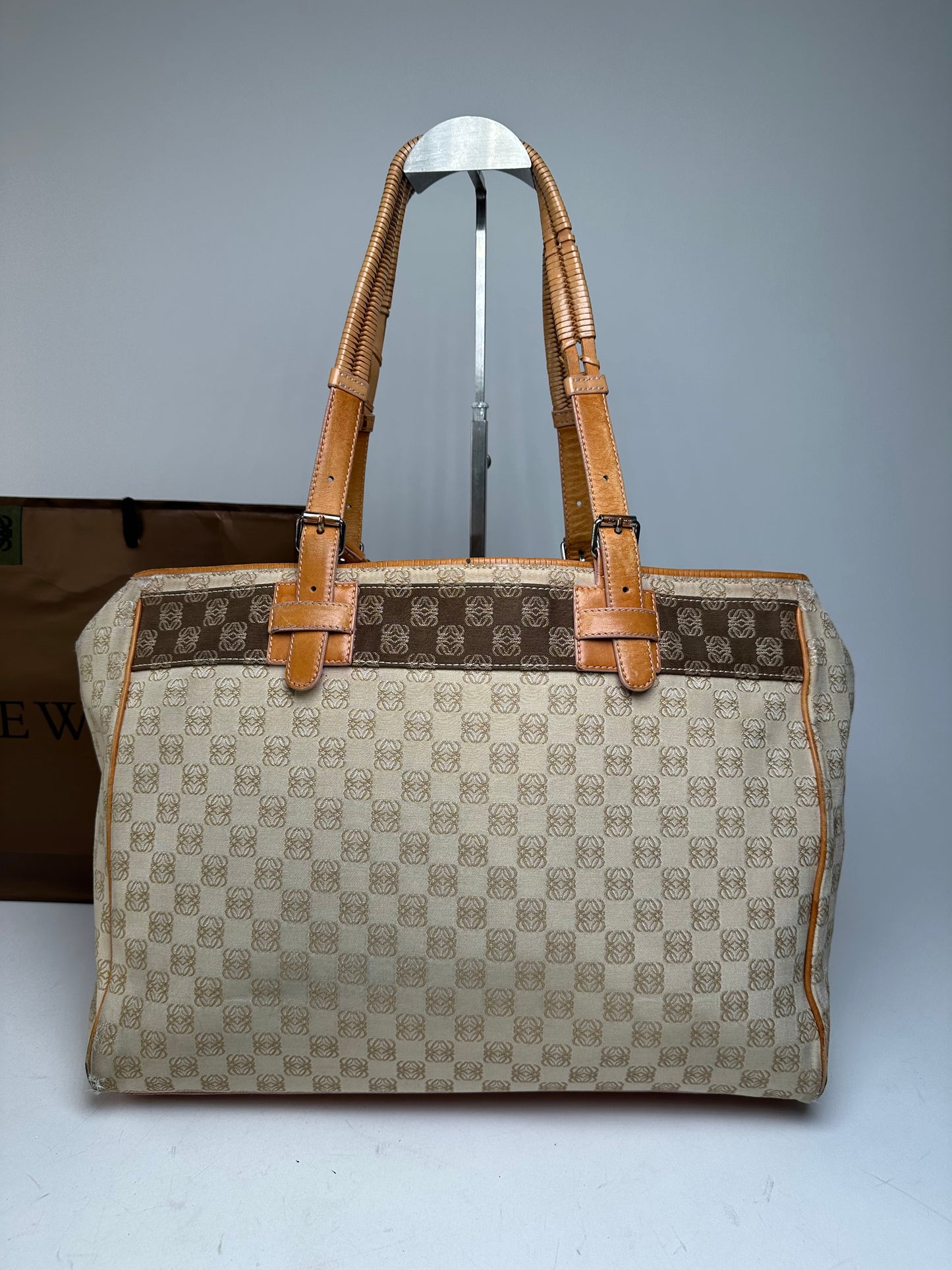 Vintage Loewe Madrid Anagram Canvas Leather tote Bag Beige Brown