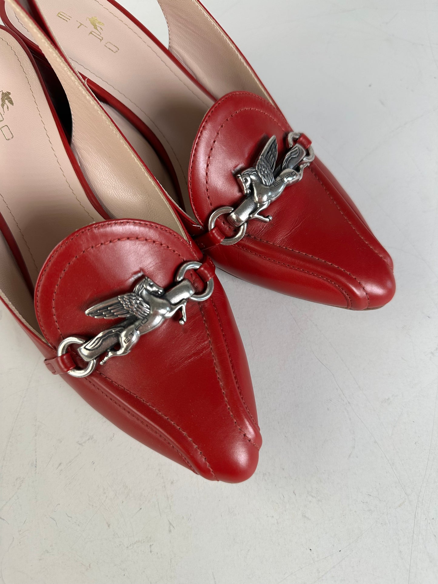 Vintage Etro Leather Slingback Heels Red Silver Chain EU36