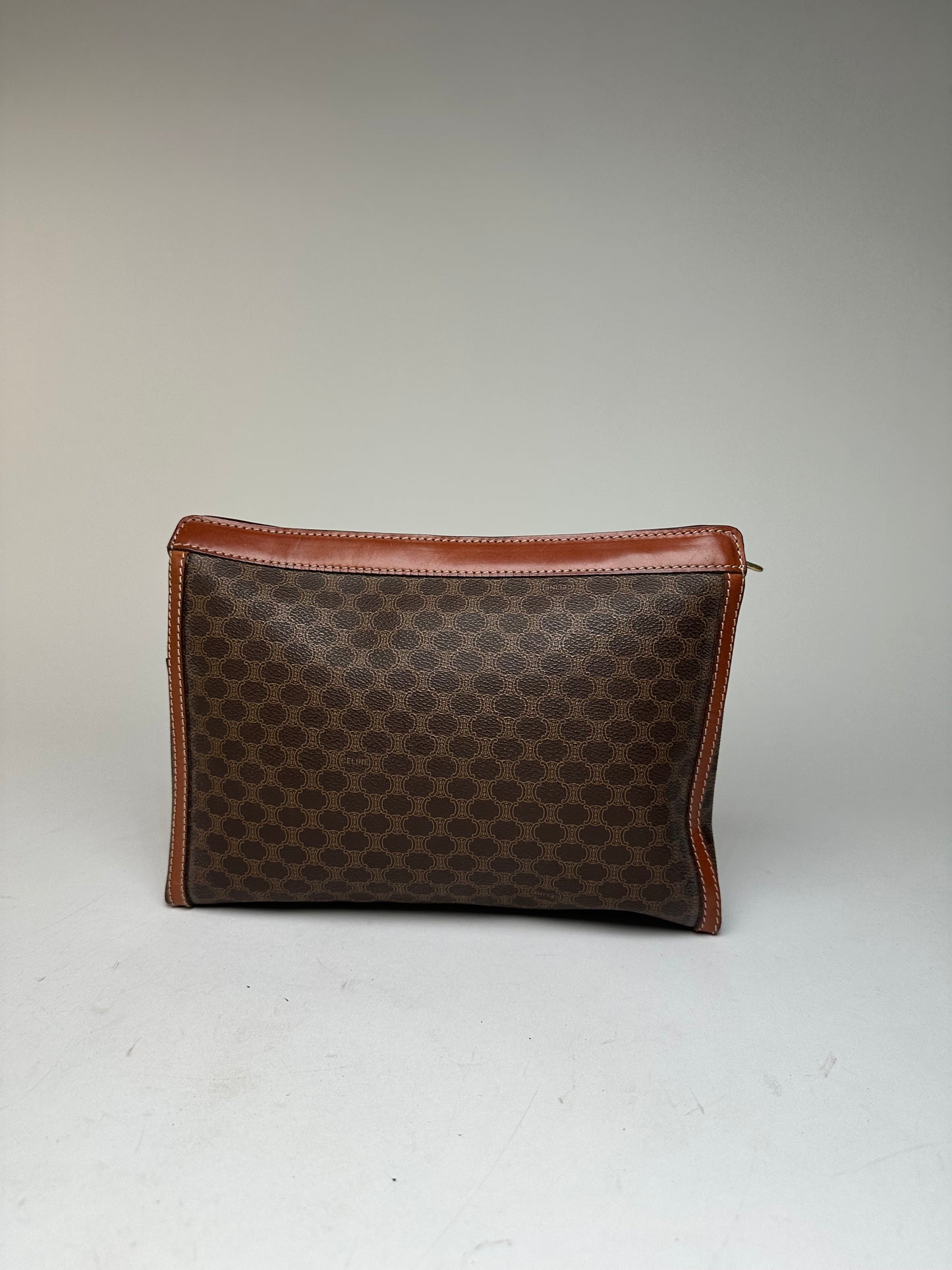 Vintage Celine Paris Triomphe Monogram Leather Clutch Brown