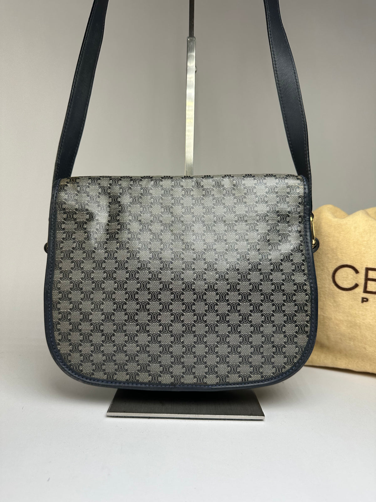 Vintage Celine Monogram Canvas Flap Crossbody Bag Navy Beige