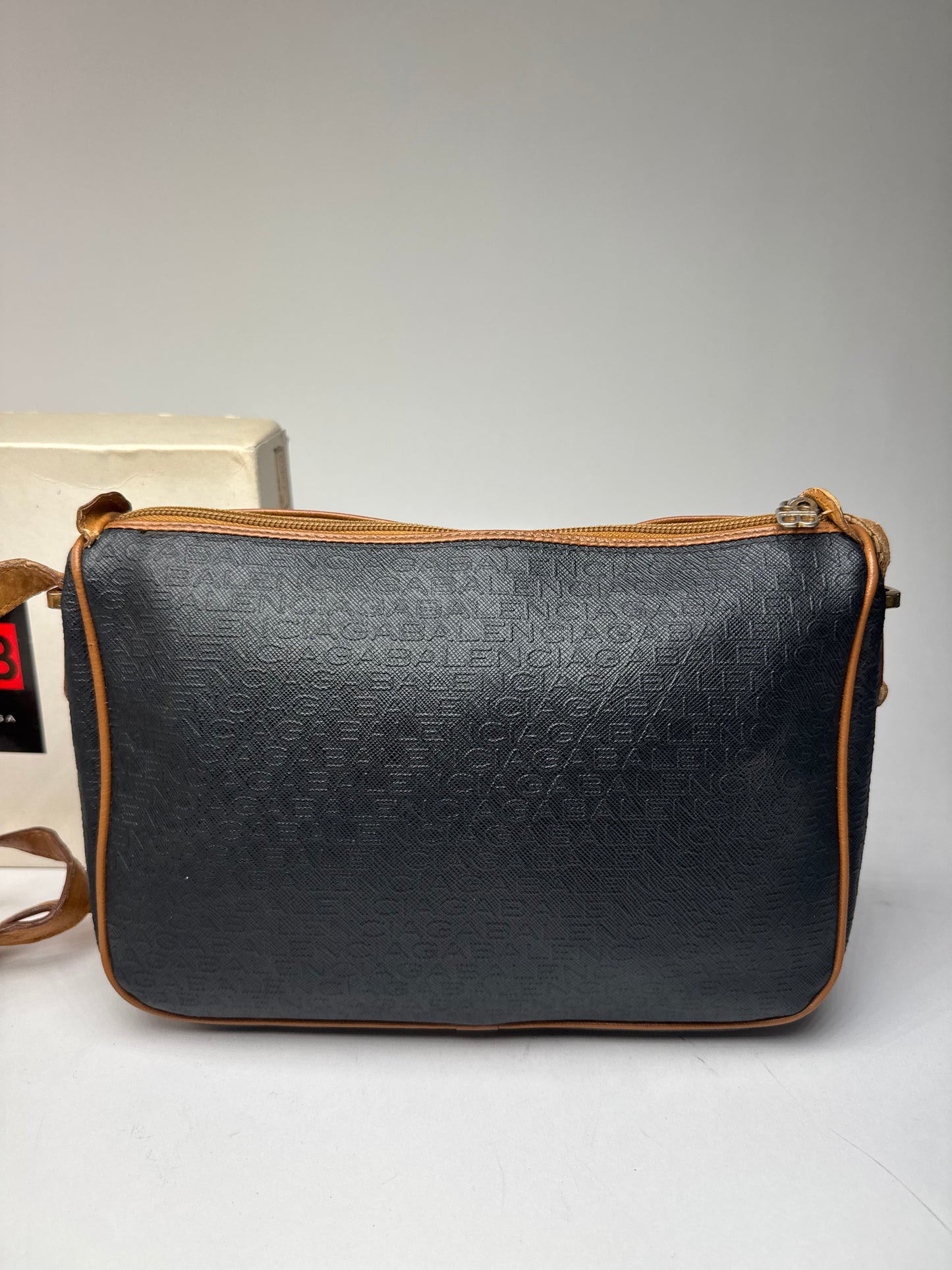 Vintage Balenciaga B Monogram Leather Shoulder Bag Black Brown