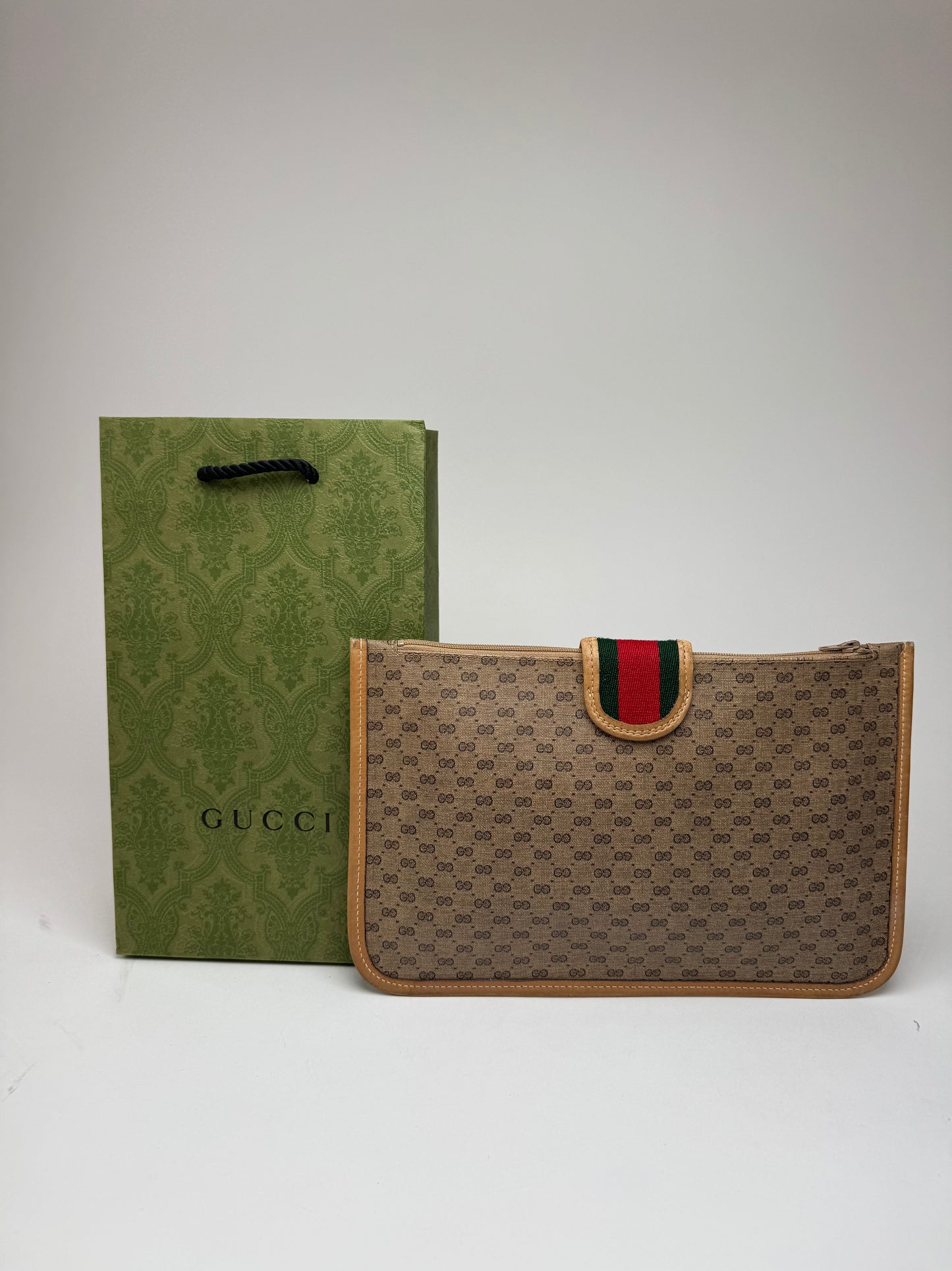 Vintage Gucci Monogram Canvas Leather Clutch Brown