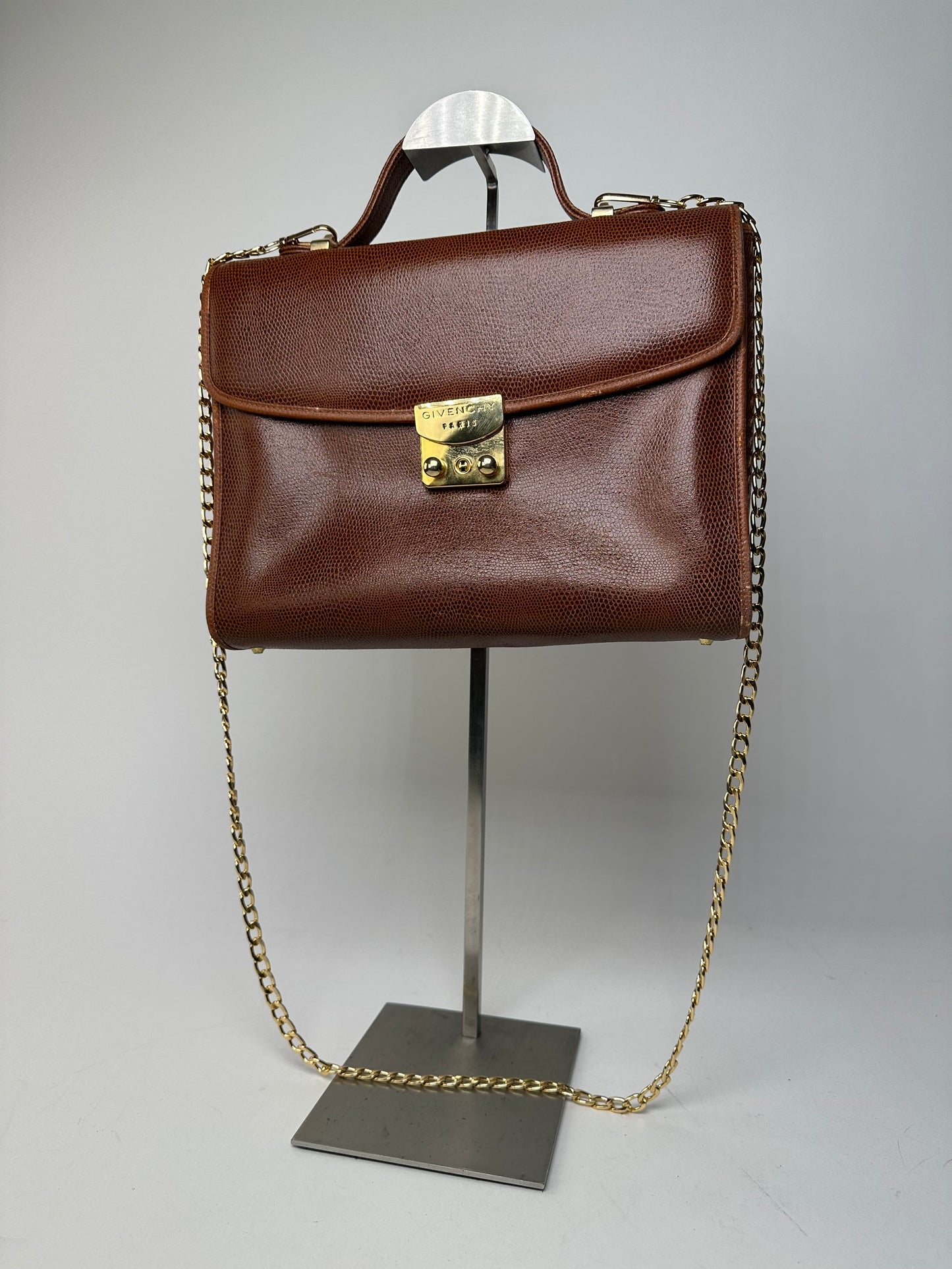 Givenchy Paris Vintage Top Handle Bag Cognac Lizard-Embossed Leather
