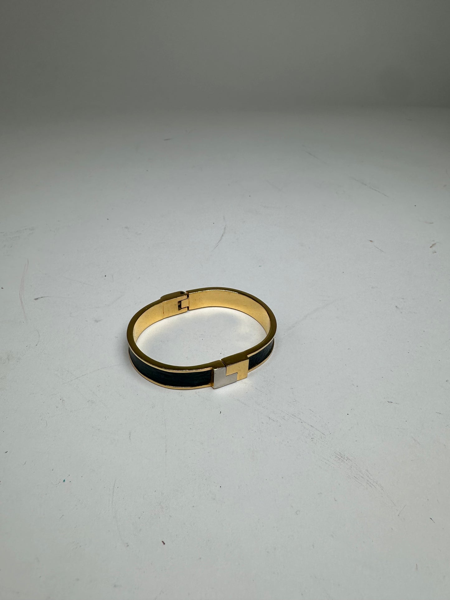 Vintage Loewe Anagram Hinged Bangle Bracelet Gold-Tone Black Leather