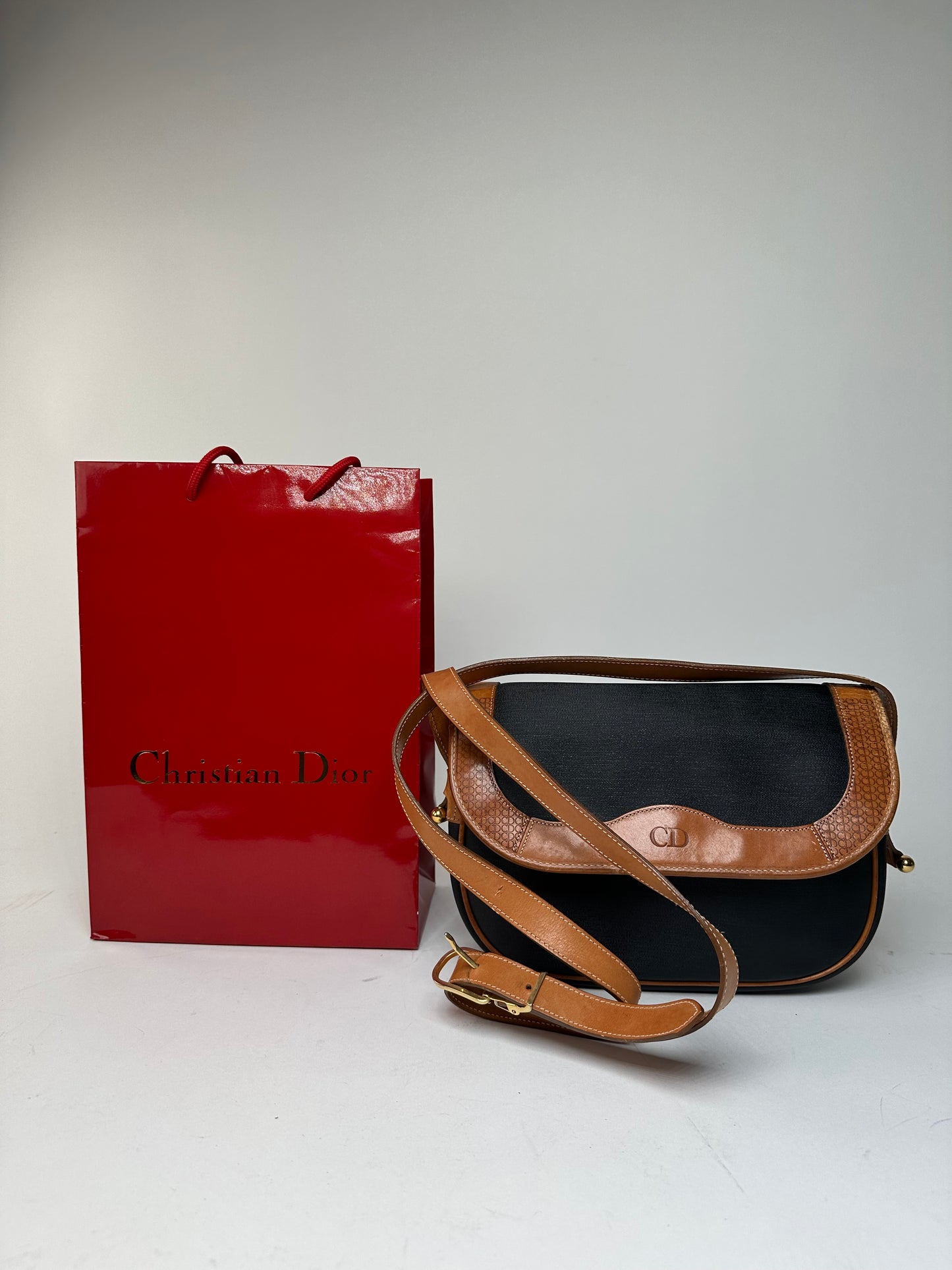 Vintage Christian Dior Crossbody Bag Black Canvas Cognac Leather