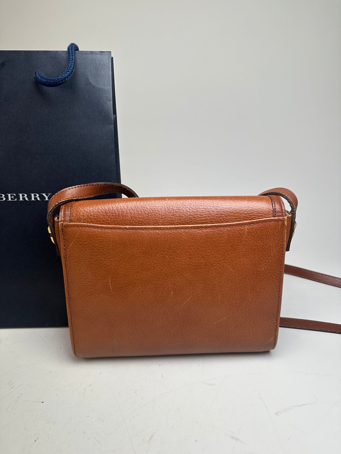 Vintage Burberry Pebbled Leather Crossbody Bag Tan Gold
