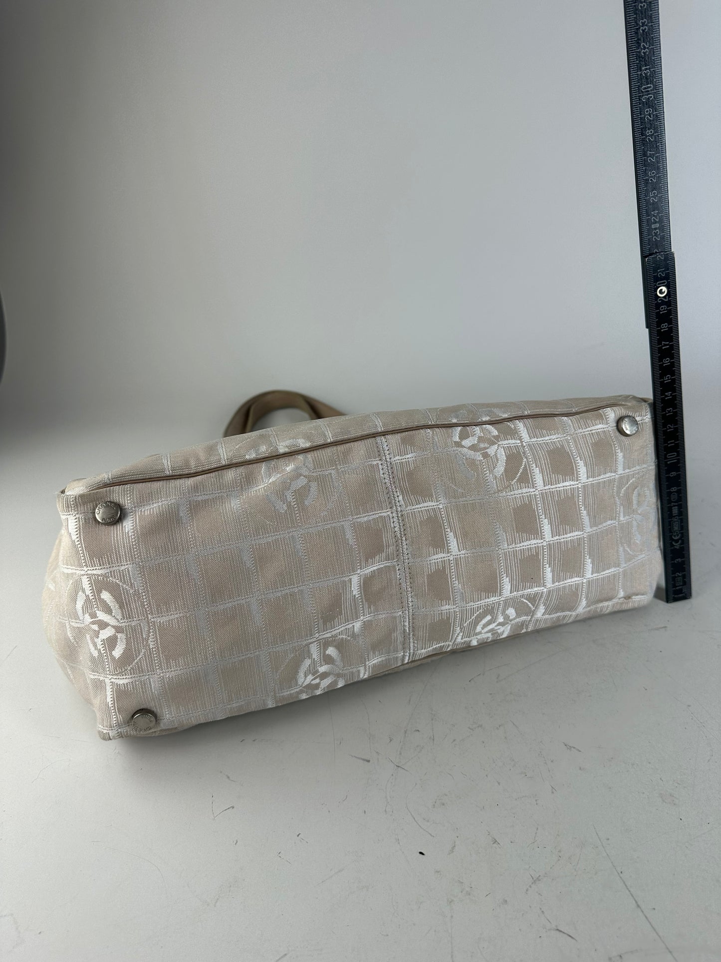 Vintage Chanel CC Logo Fabric Tote Cream Beige Silver