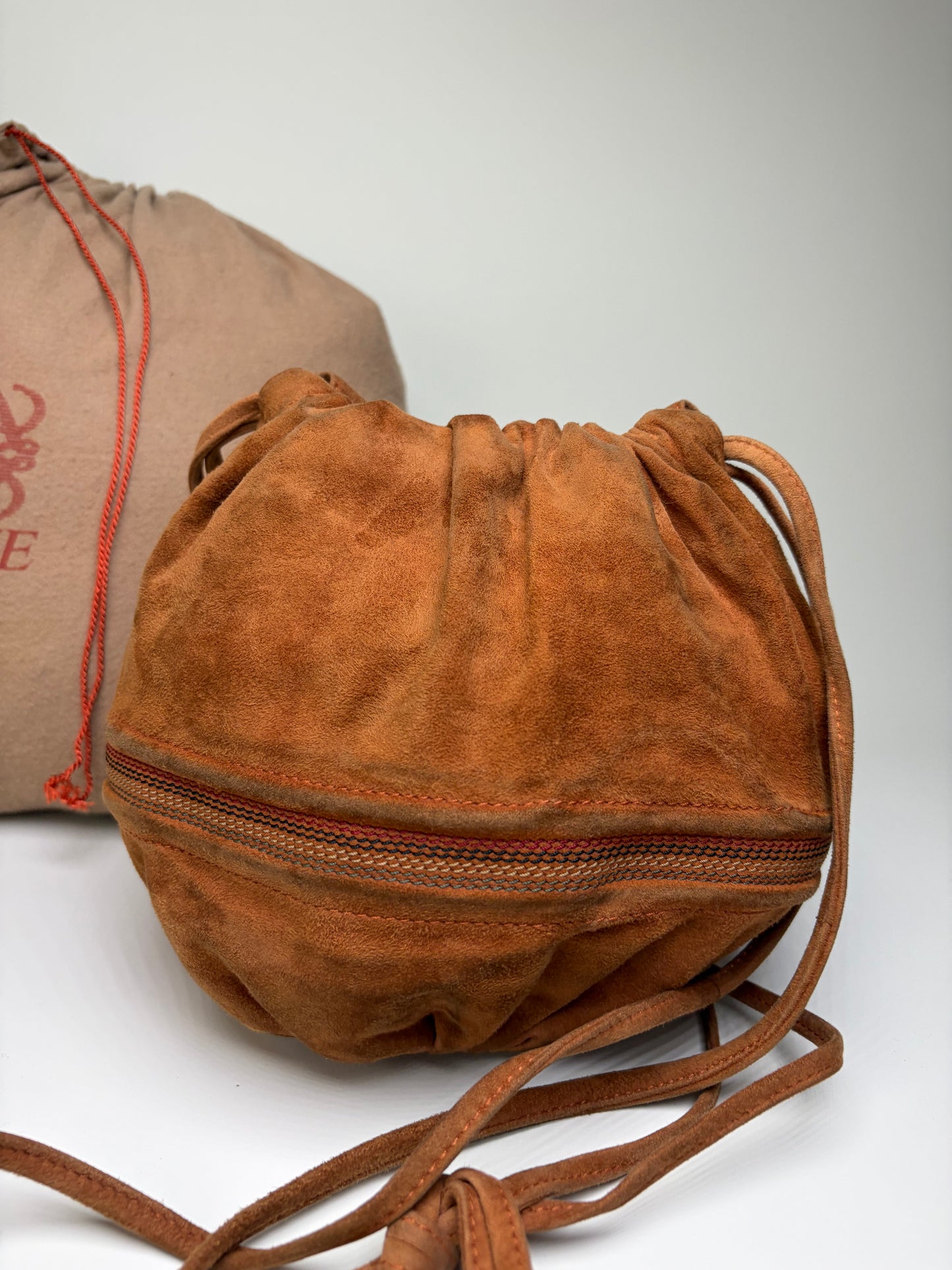 Vintage Loewe Suede Drawstring Bag Rust Gold