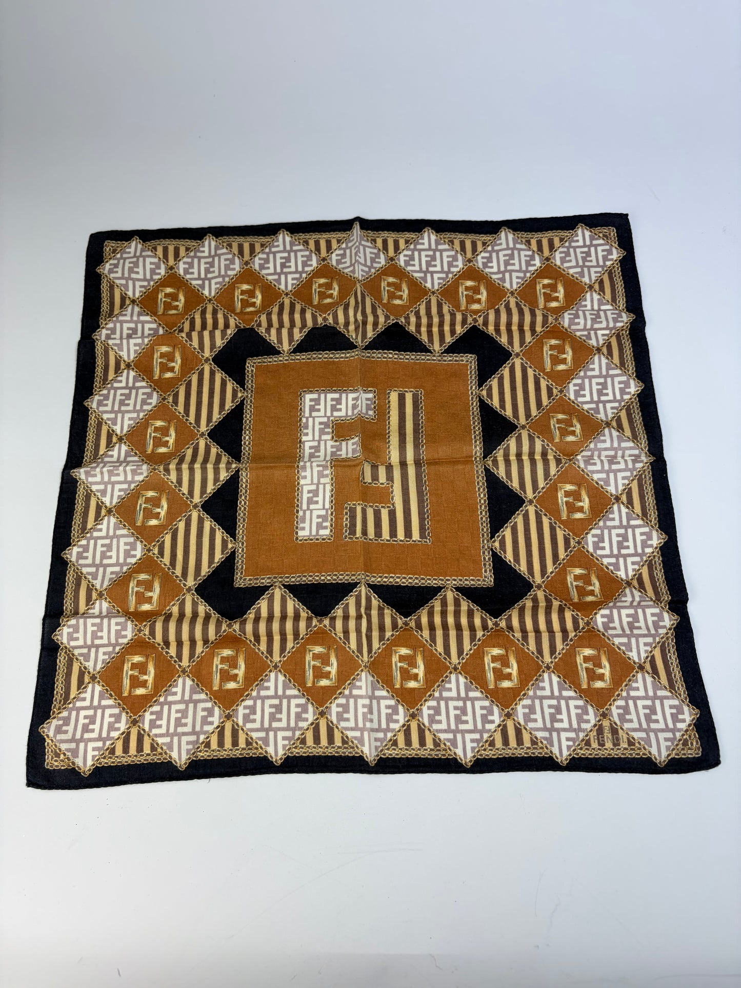 Vintage Fendi FF Monogram Silk Scarf Rust Cream Navy