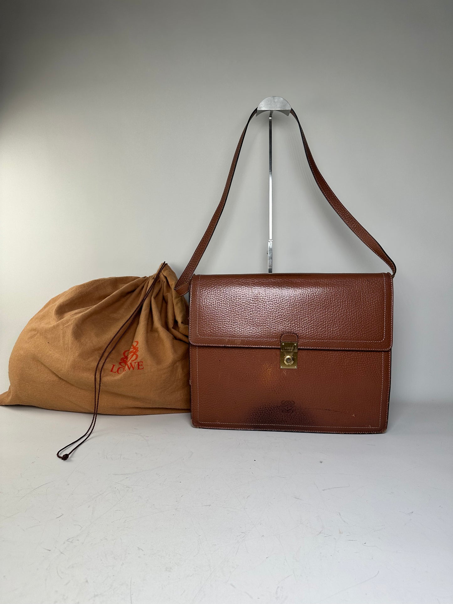 Vintage Loewe Pebbled Leather Shoulder Bag Brown Gold