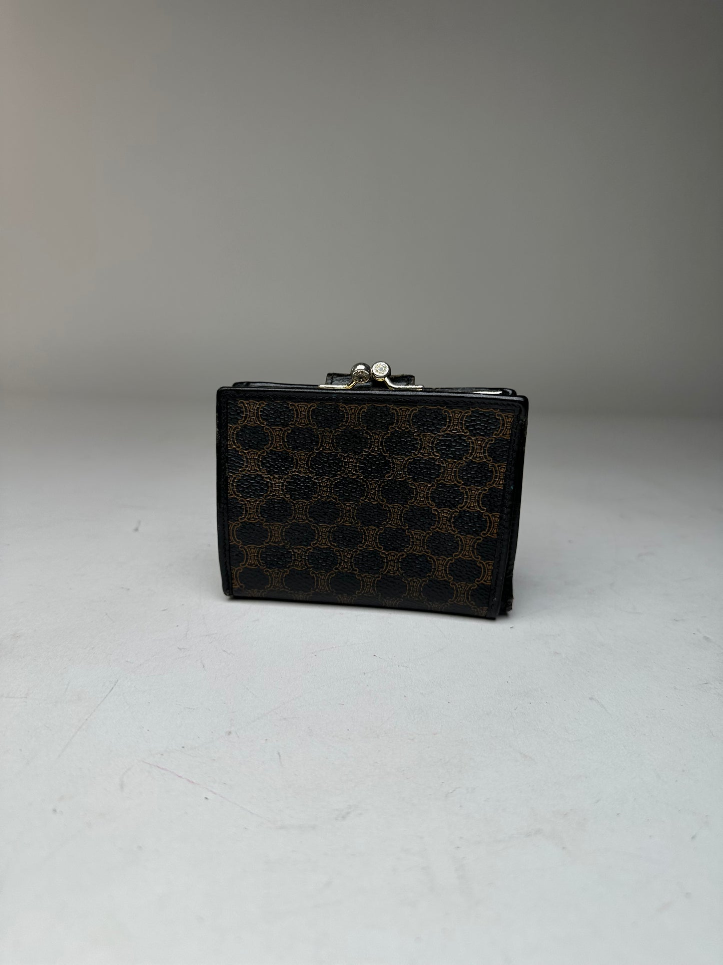 Vintage Celine Paris Triomphe Monogram Leather Wallet Black Brown