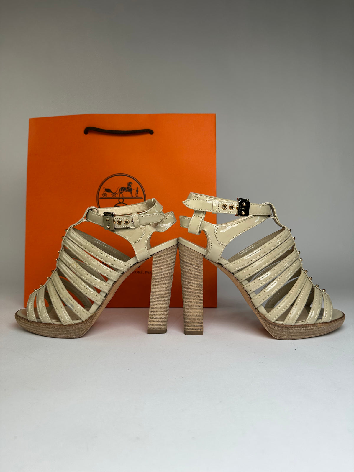 Vintage Hermes Hermès Patent Leather Sandal Heels Beige Pink EU36.5
