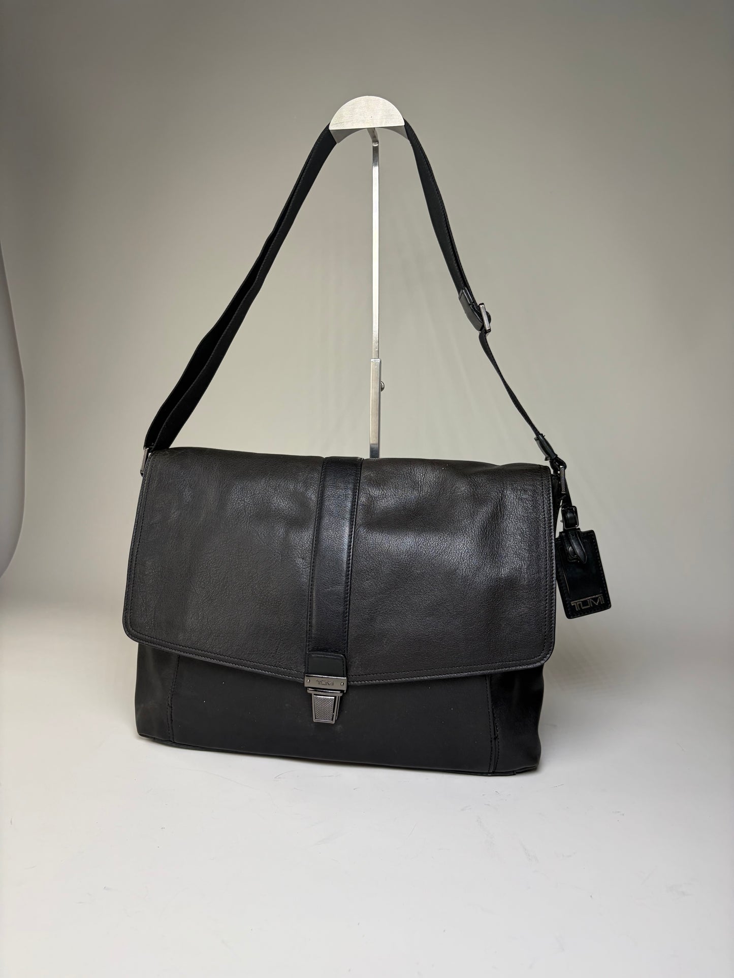 Vintage Tumi Leather Messenger Bag Black Silver