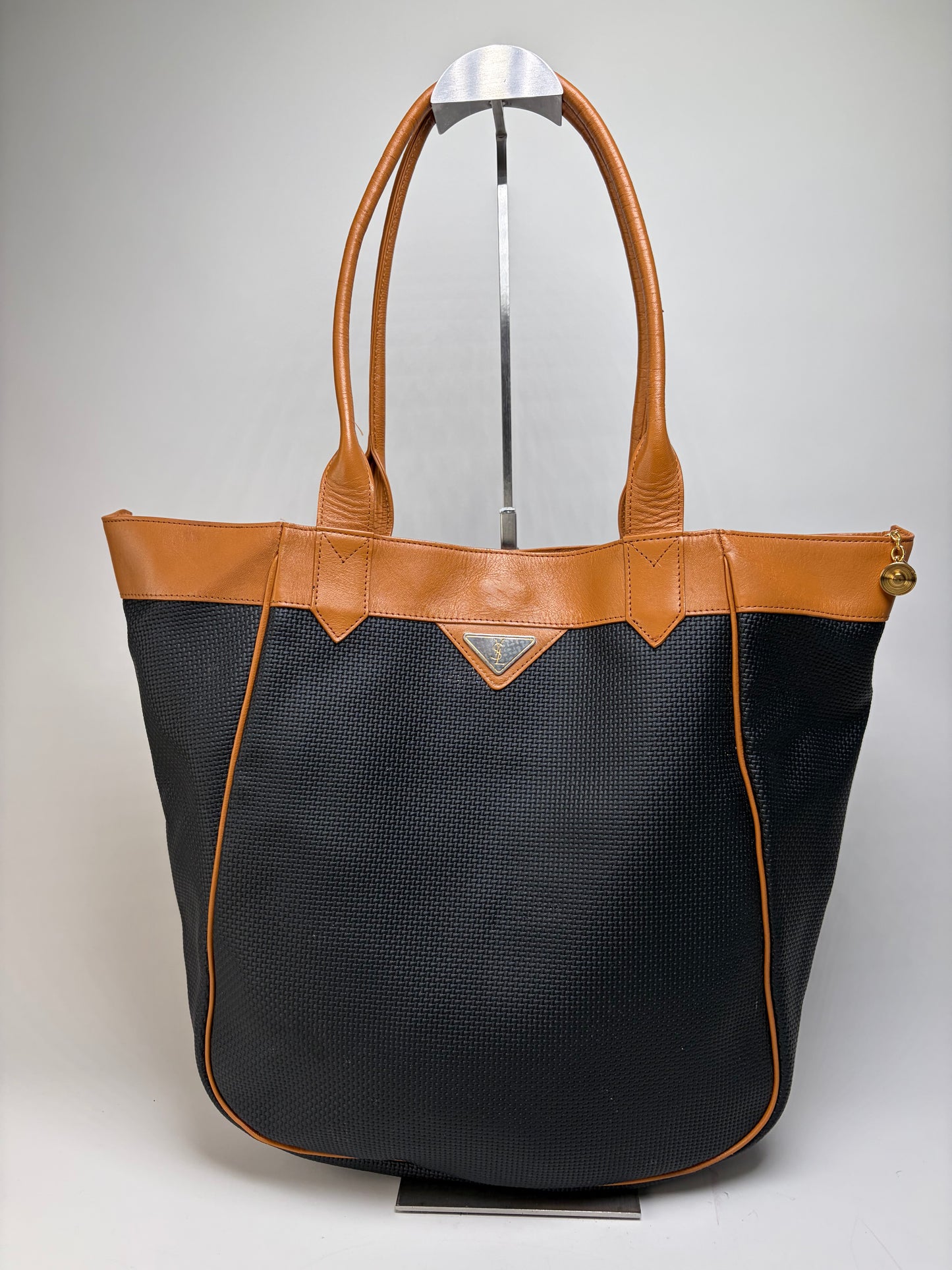 Vintage Yves Saint Laurent Textured Fabric Tote Black Tan